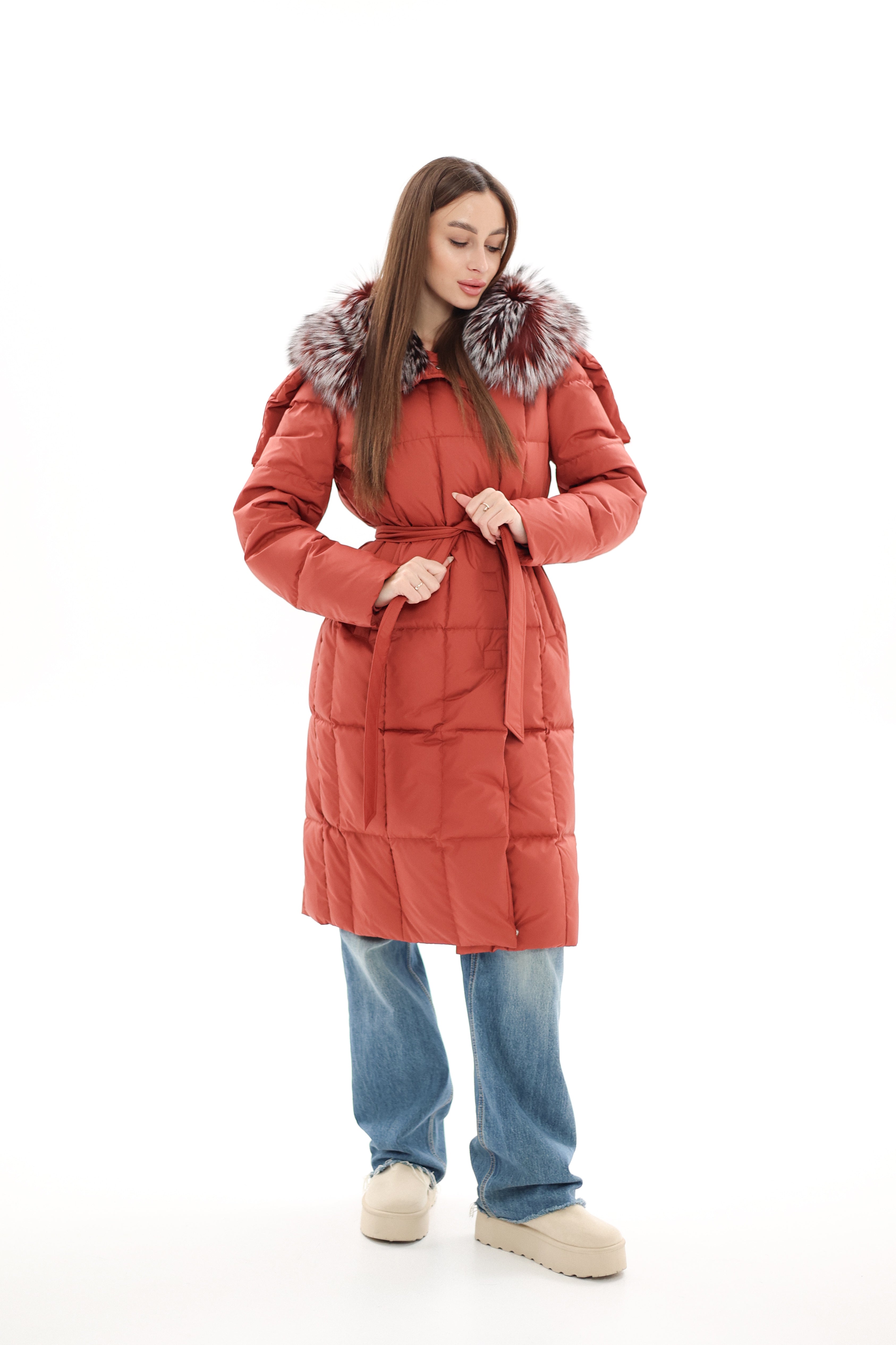 Genuine Silver Fox Fur Trim Down Coat