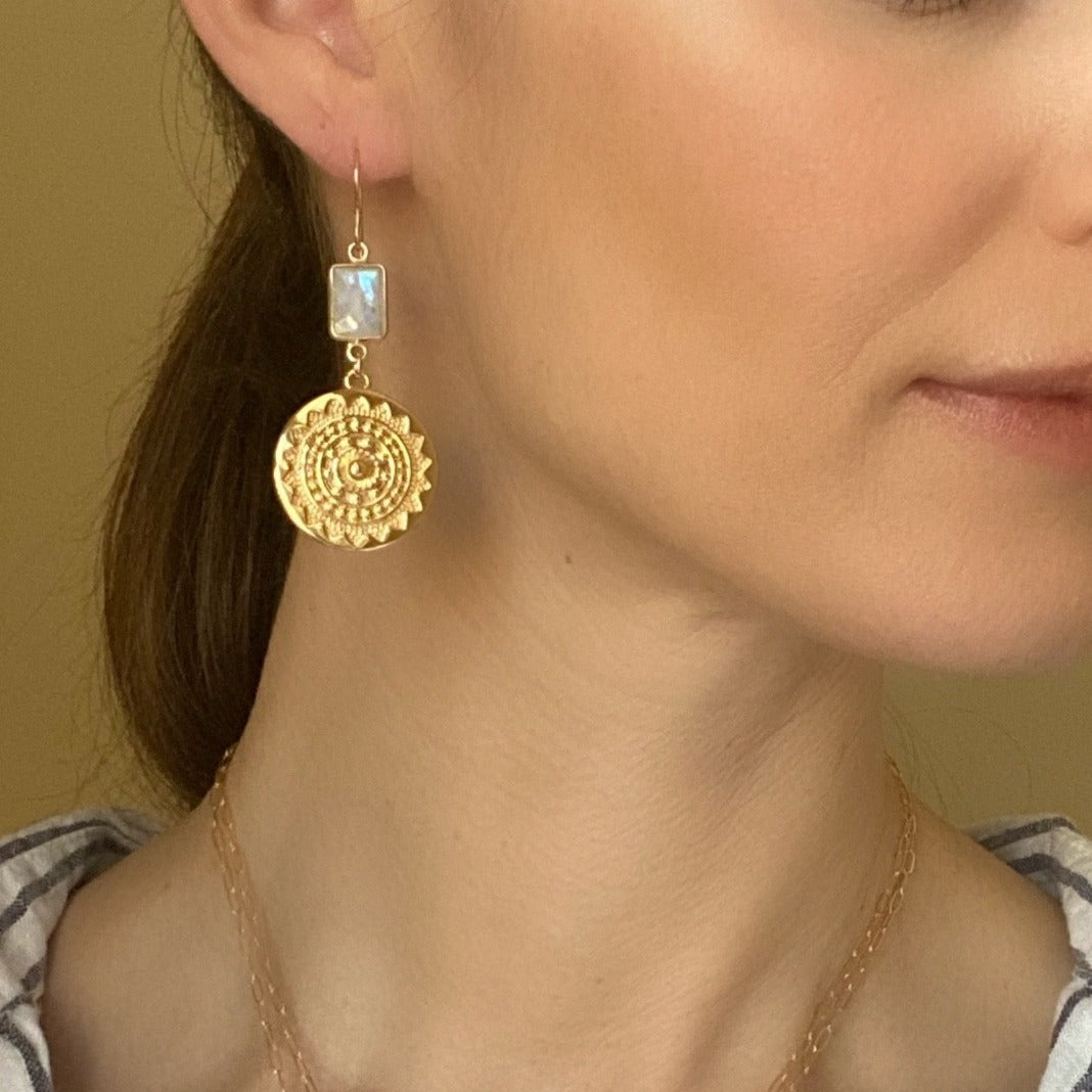 New! Sun Medallion Dangles -Amazonite