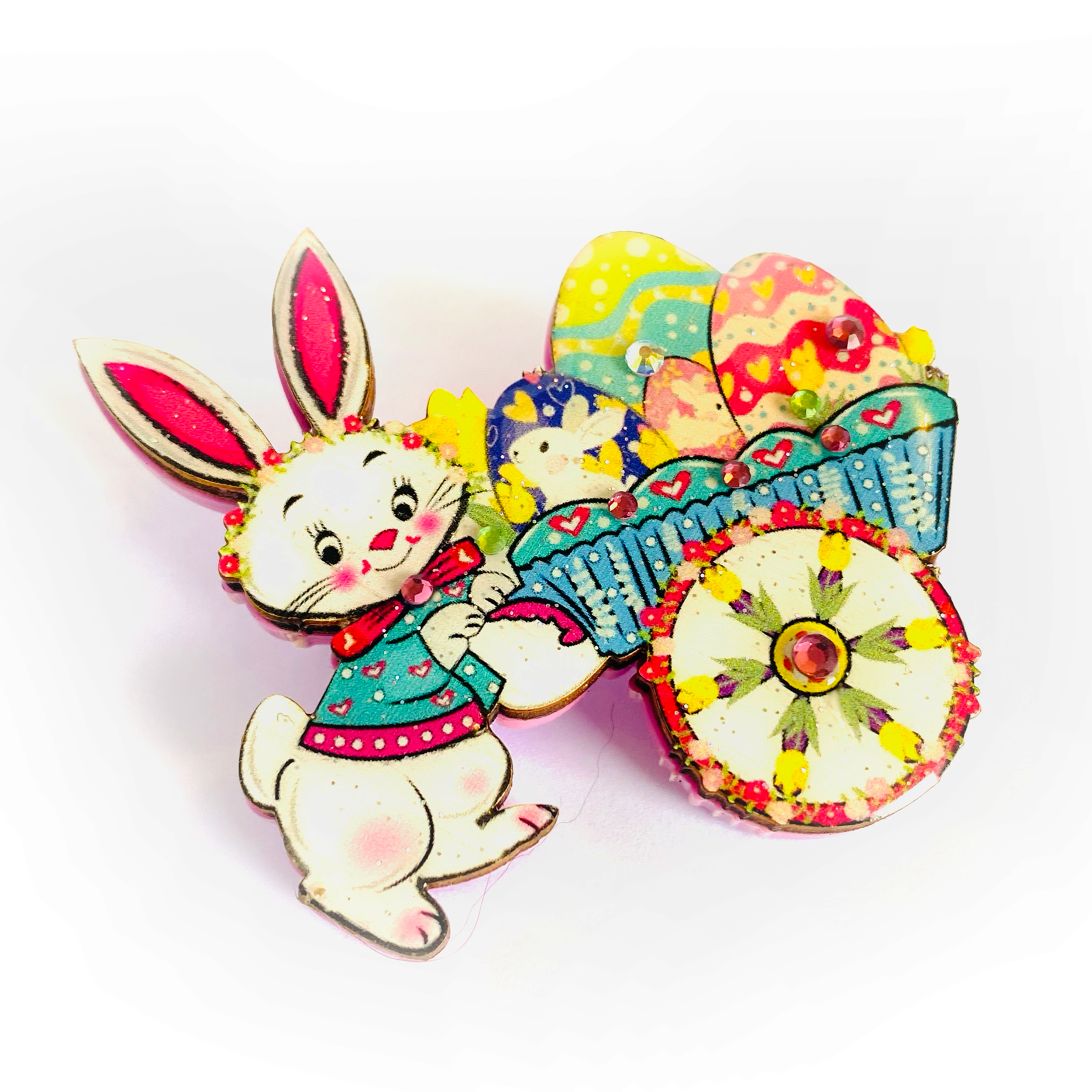 Benny Bunny and his Easter Egg Cart Brooch by Rosie Rose Parker