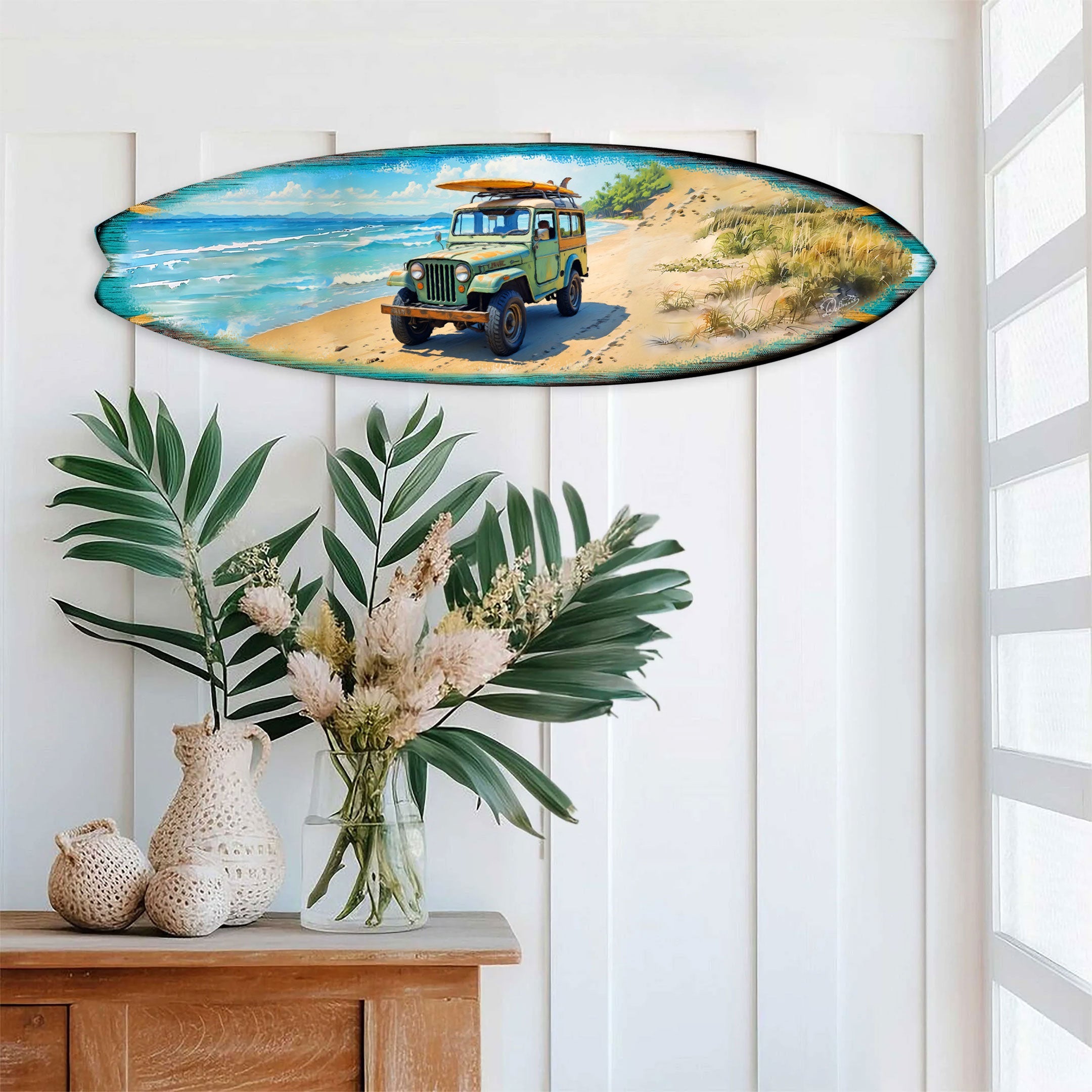 Vintage Beach Jeep Surfboard Wall Art – Handcrafted Coastal Decor for Beach House & Surf-Inspired Spaces - 8490143HS