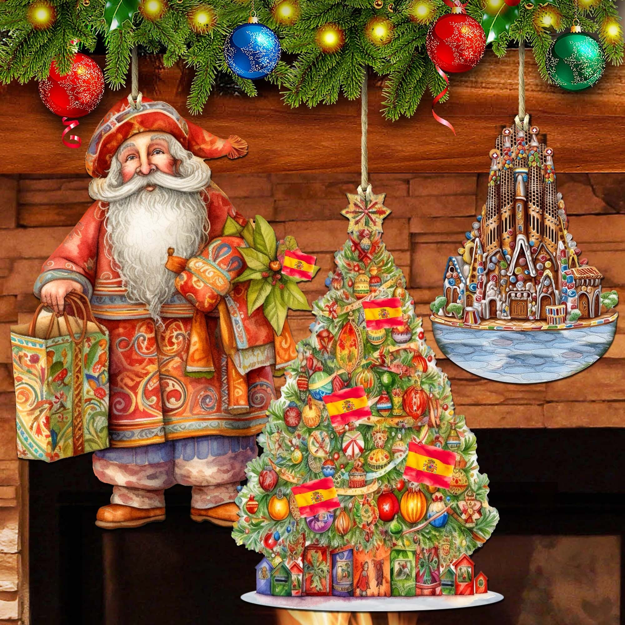 Santas Around the World - Spanish Inspired Santa - Wooden Ornaments Set of 3 by G. DeBrekht Christmas Santa Snowman Decor - 8091305S3