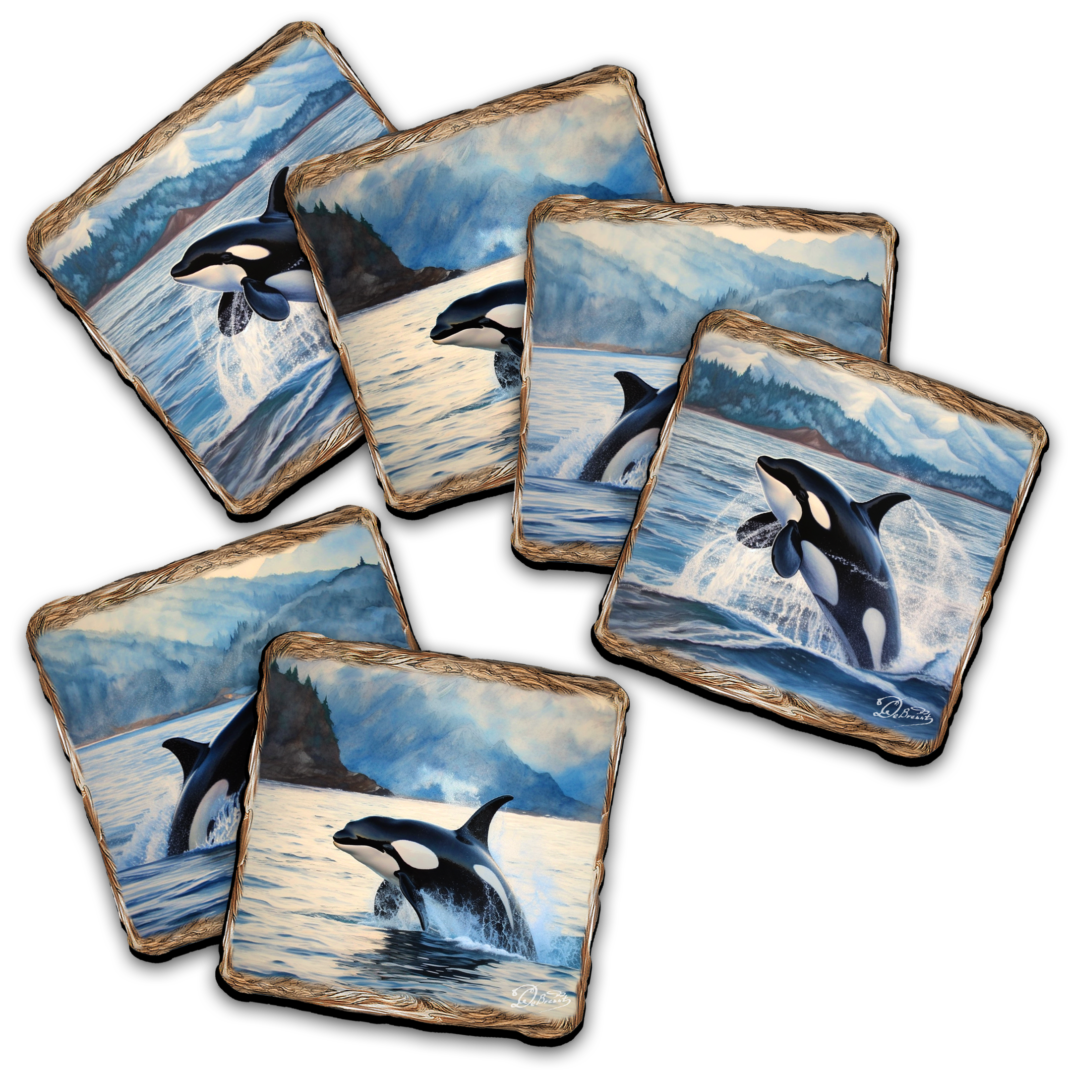Playful Orcas Wooden Cork Placemat and Coasters Gift Set of 7 by Nature Wonders Coastal Nature Wildlife Décor  - 85412C-S7