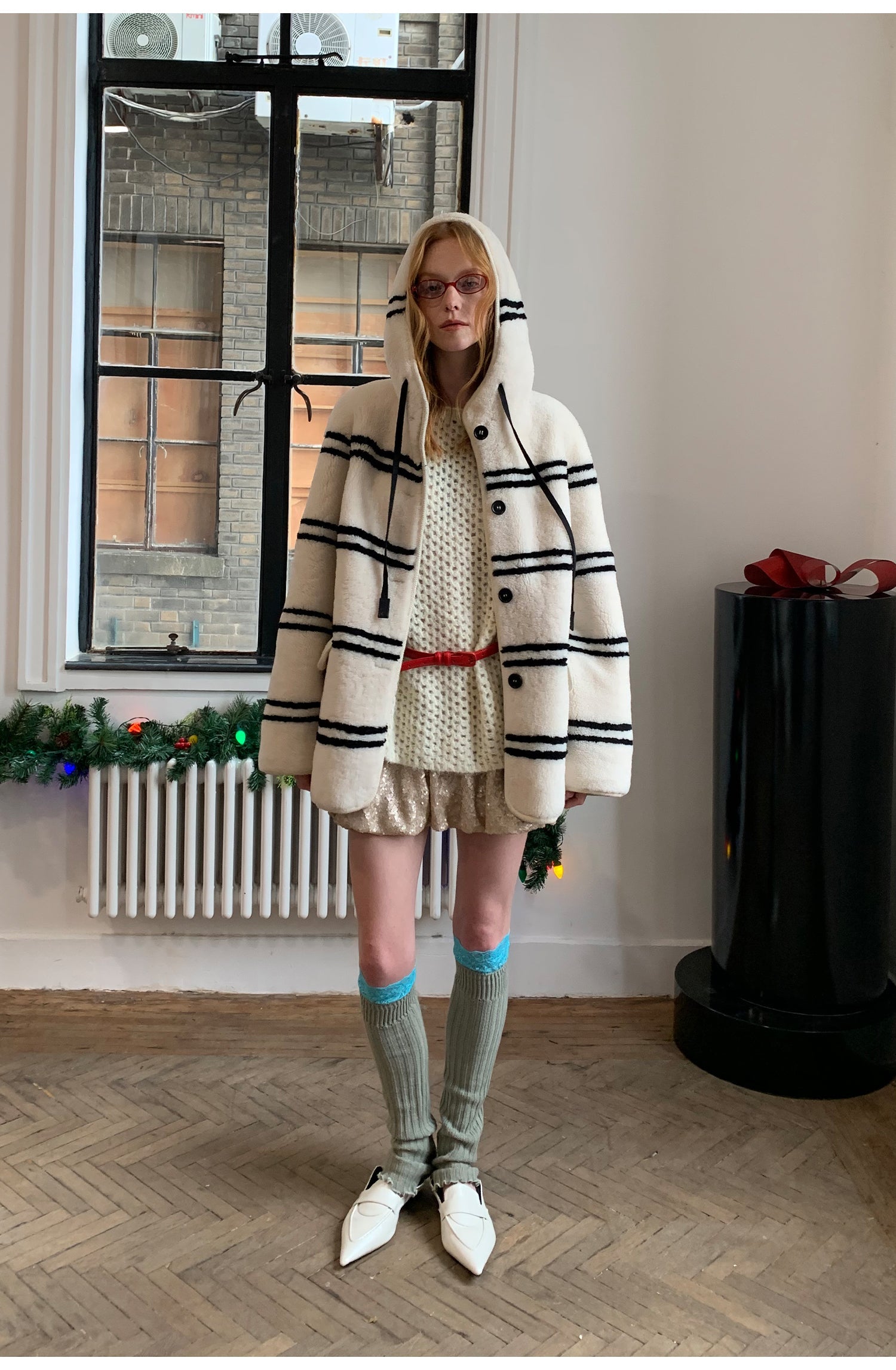 Snowy New Year Merino Sheepskin Lamb Wool Striped Jacket-0