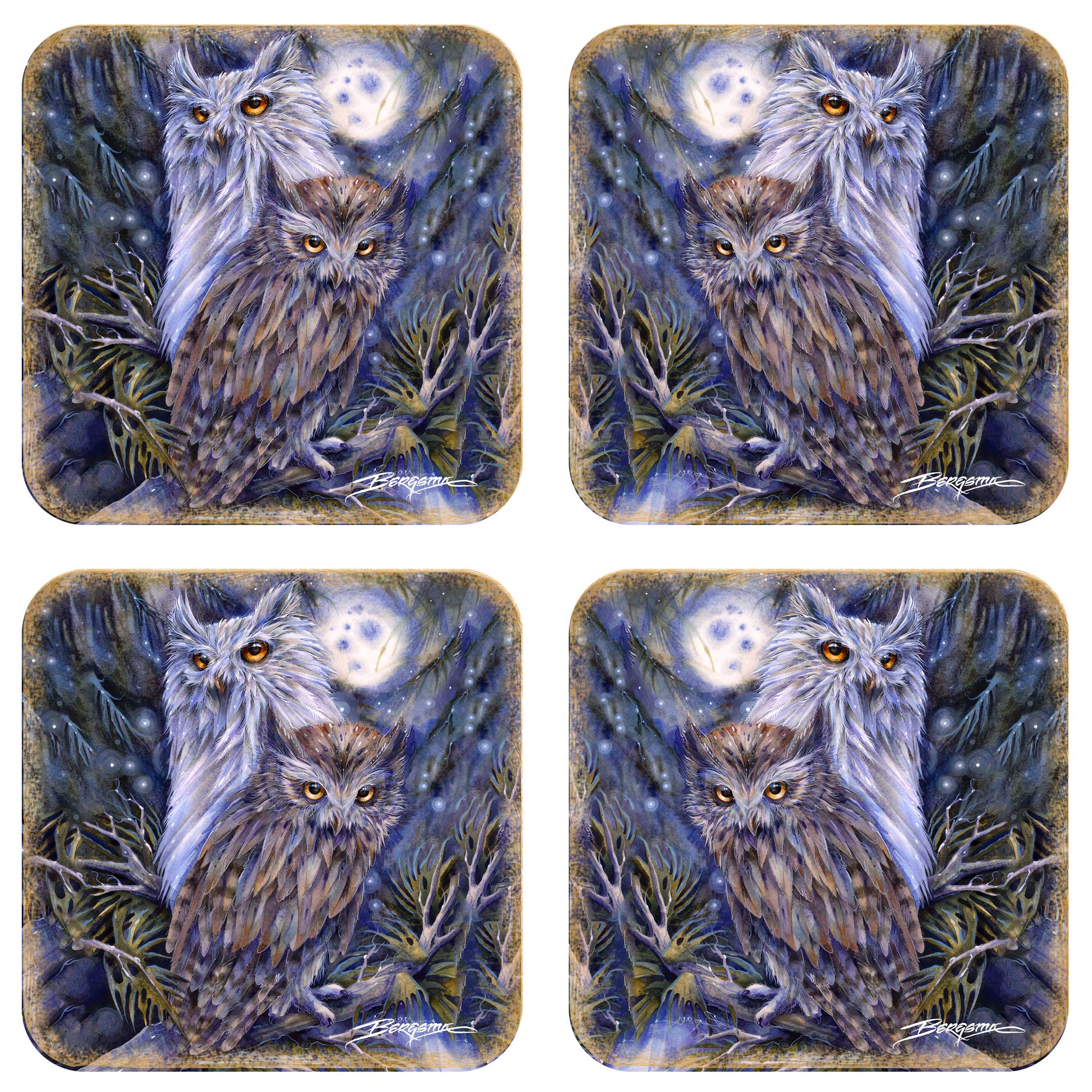 Night Watch Owls Wooden Cork Coasters Gift Set of 4 by J. Bergsma - Wildlife Decor  - 8199465C-S4