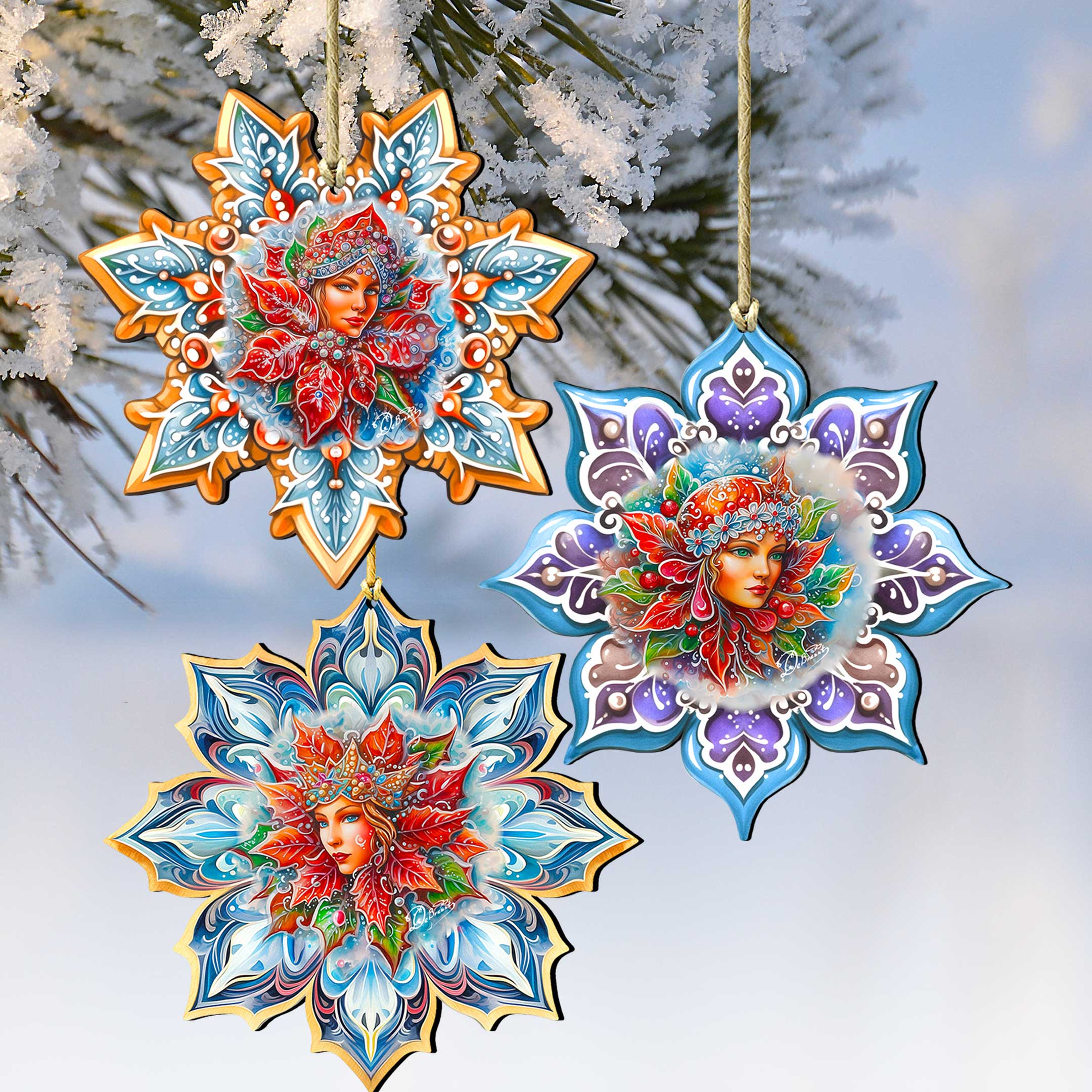 Snow Queen Snowflake Wooden Ornaments set of 3 by G. Debrekht - Christmas Décor - 8090141-S3