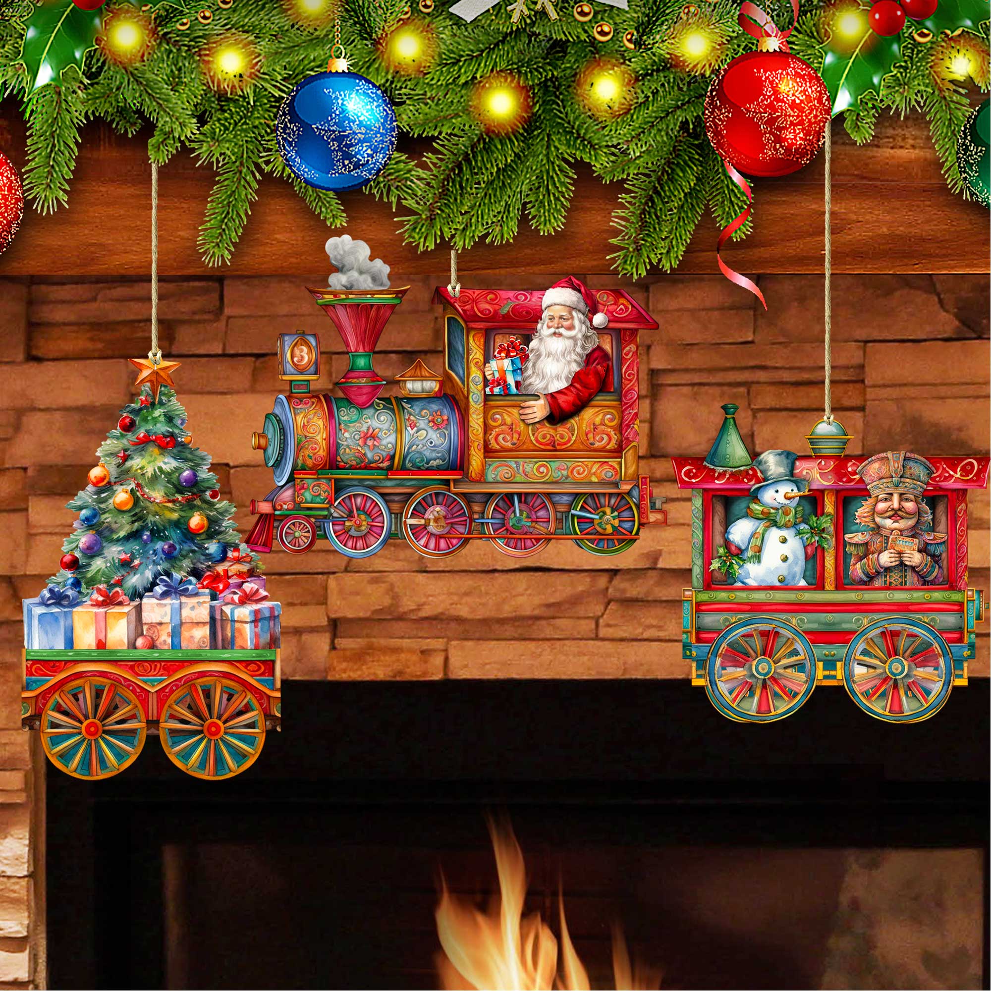 Santa's Train Wooden Ornaments Set of 3 by G. Debrekht - Christmas Décor - 8100202S3