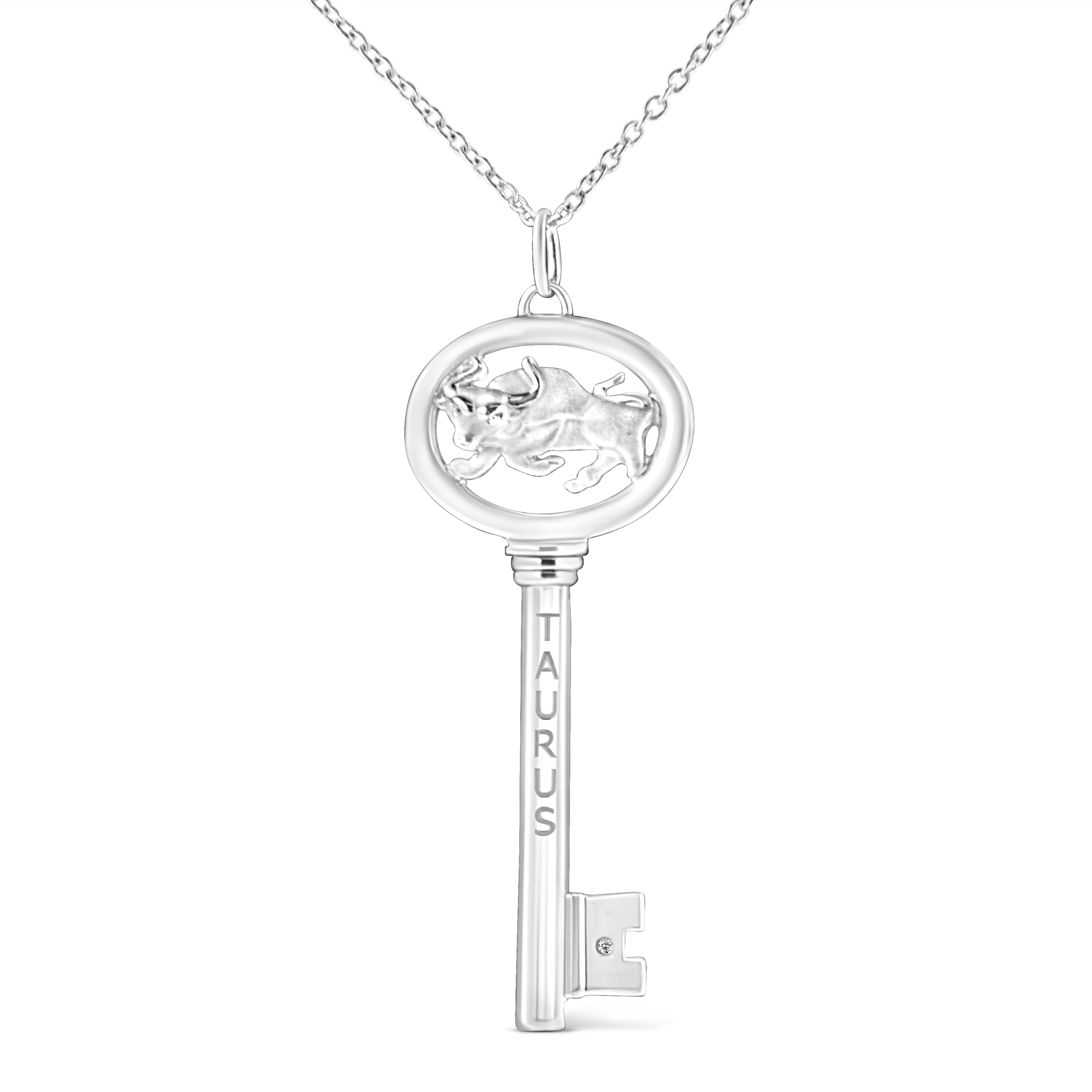 .925 Sterling Silver Diamond Accent Taurus Zodiac Key 18" Pendant Necklace (K-L Color, I1-I2 Clarity)