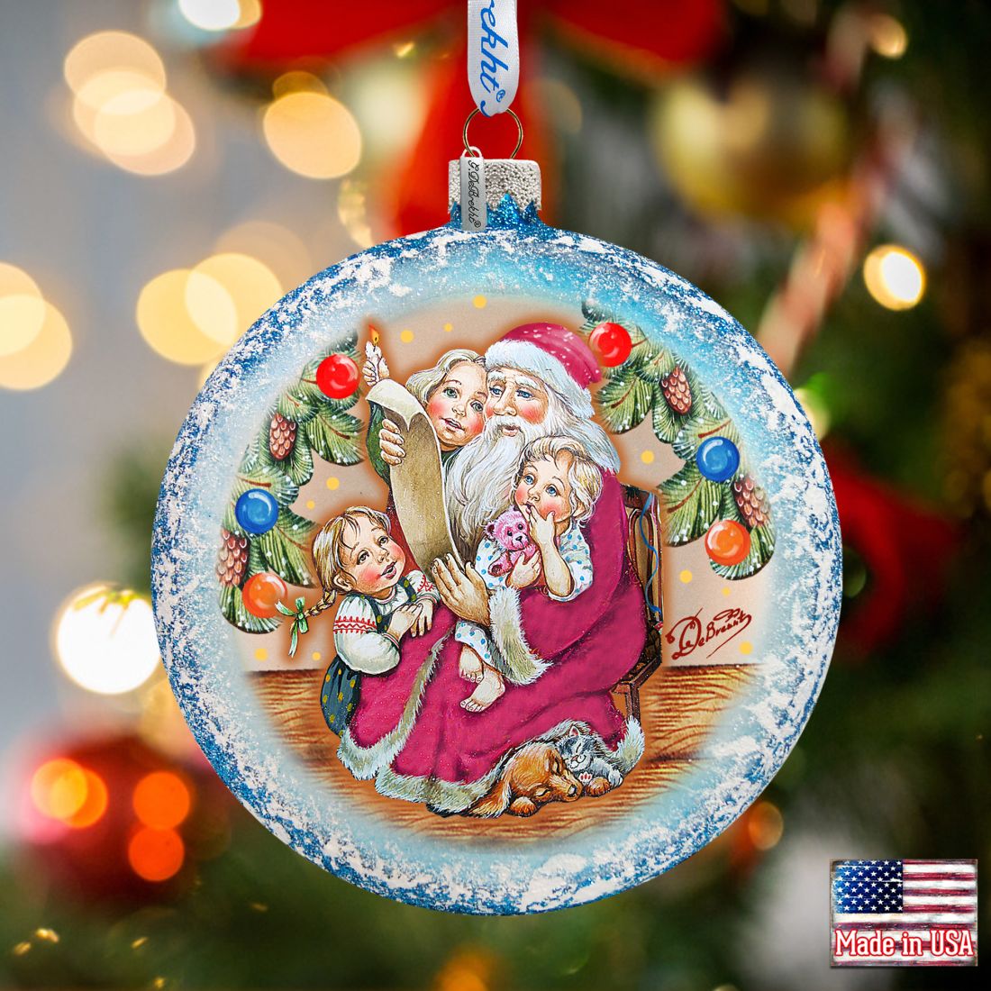 Santa List Circle Glass Ornament by G. DeBrekht - Christmas Santa Snowman Decor - 744-011