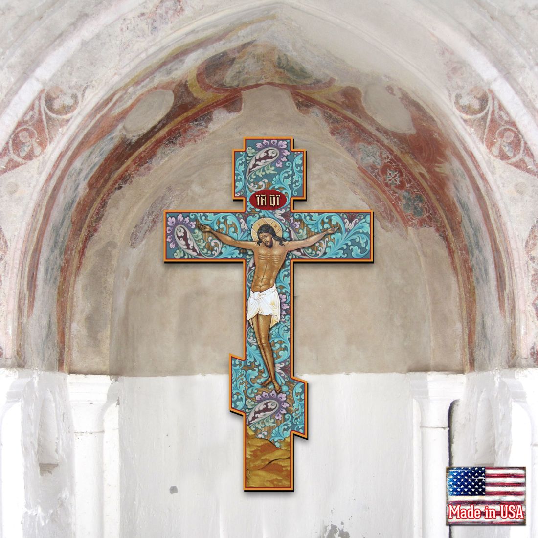 Crucifixion of Christ Faux Golden Leaf Wooden Cross Wall Art - Inspirational Icon Décor - 88158