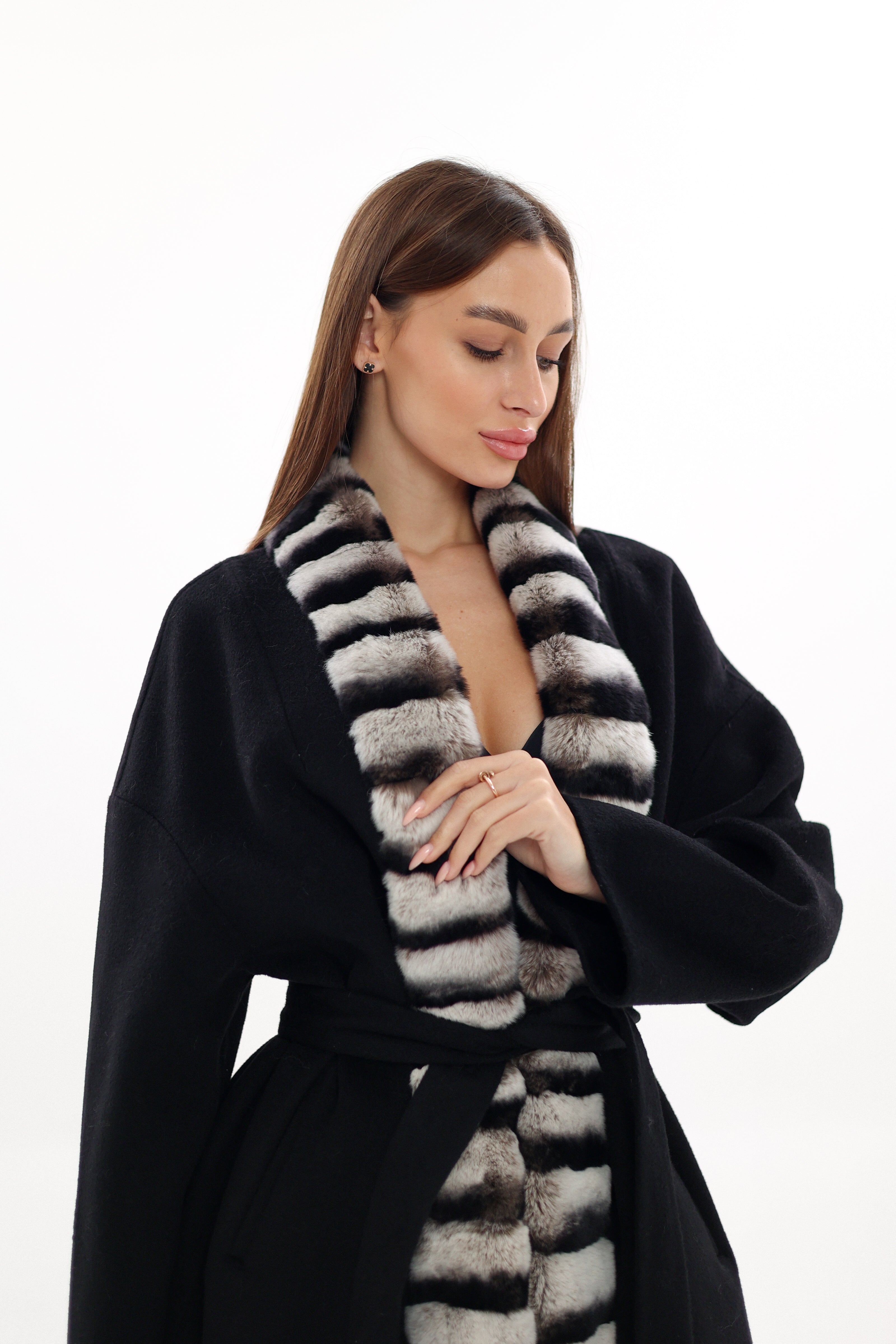 Genuine  French Orylag Fur Italian Cashmere Wool Coat 130cm