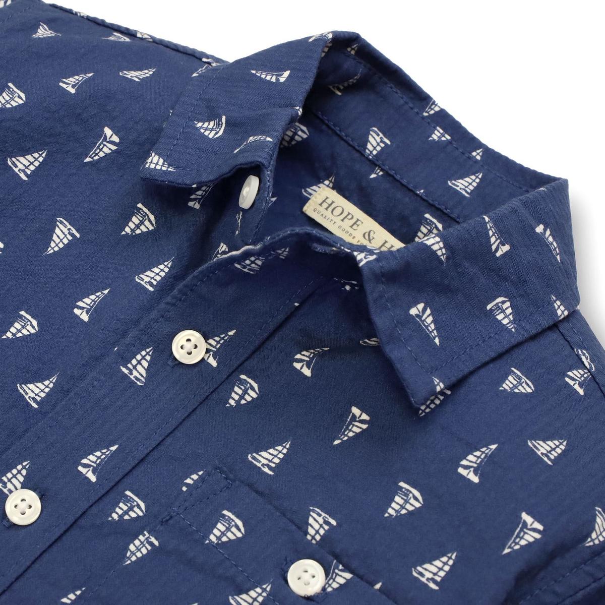 Baby Seersucker Short Sleeve Button Down Shirt - Blue Sailboats Seersucker