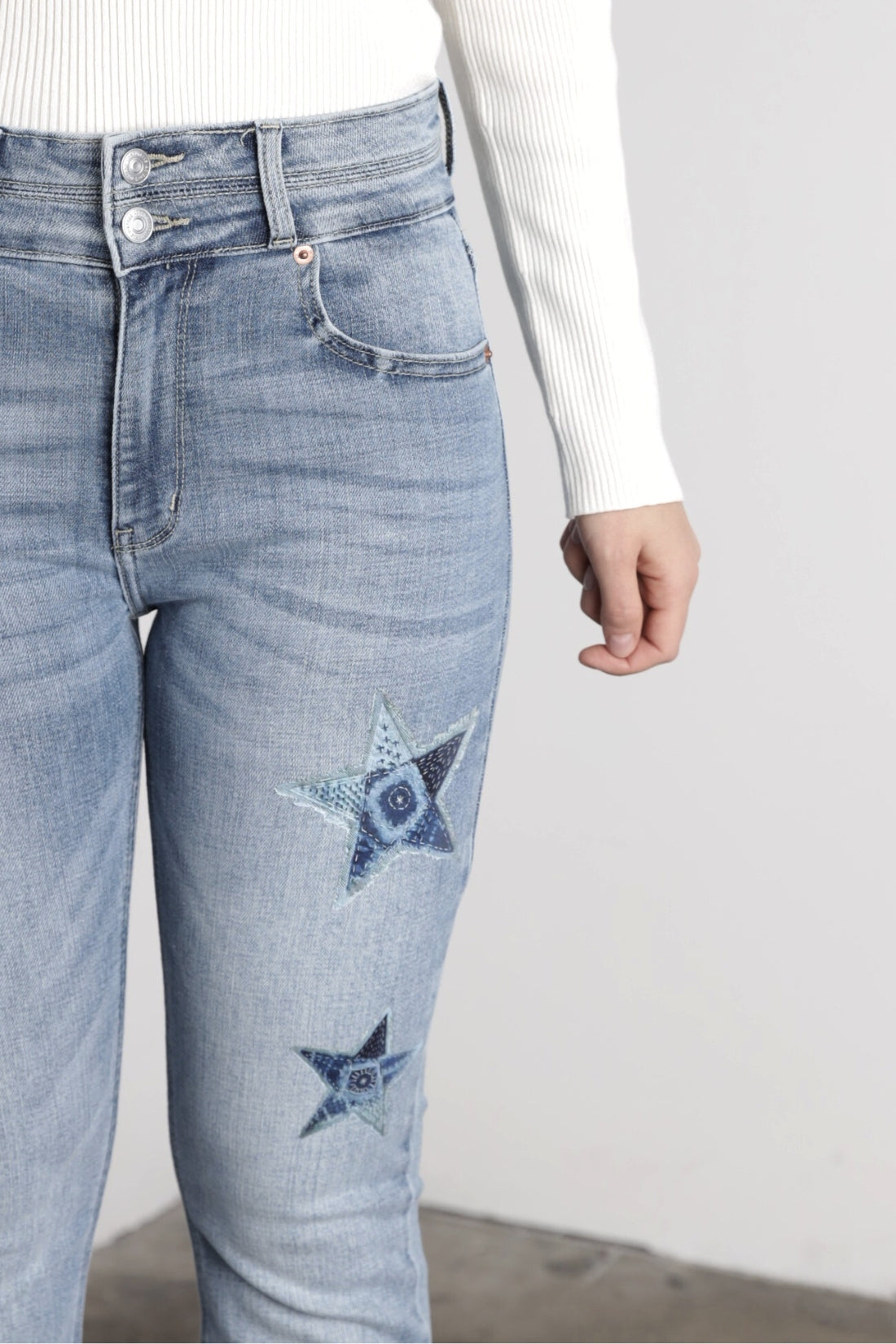 Star Patch DTF Print Double Waist Bootcut Jeans