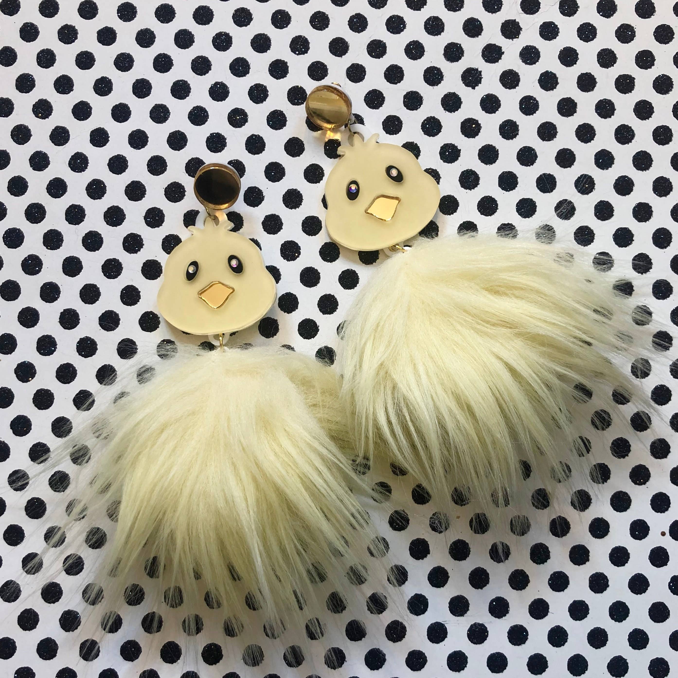 Pom Pom Fluffy Furry Chick Easter Earrings