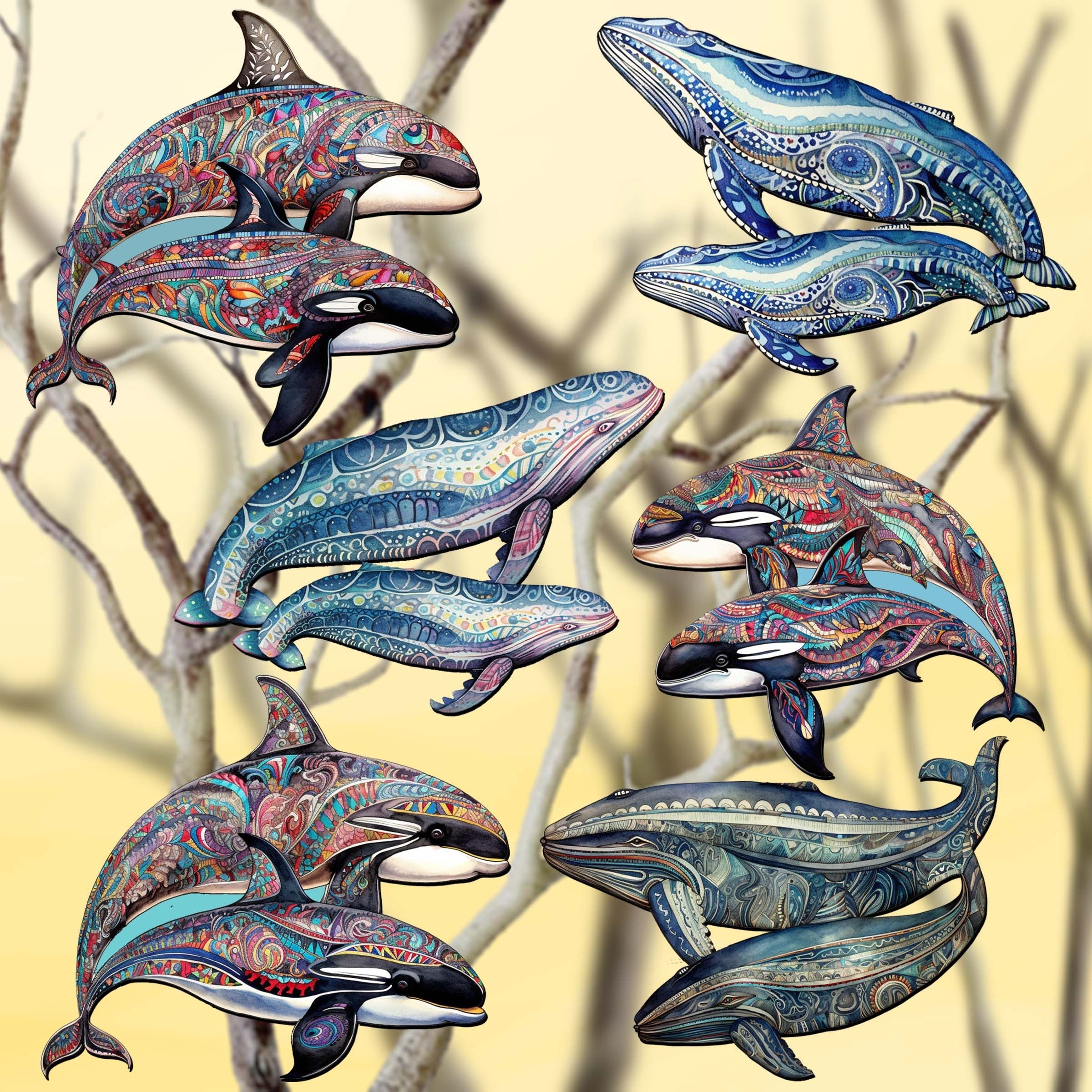 Embracing Whales Decorative Wooden Clip-on Ornaments Set of 6 by G. Debrekht - Wildlife Decor - 8090107C-S6