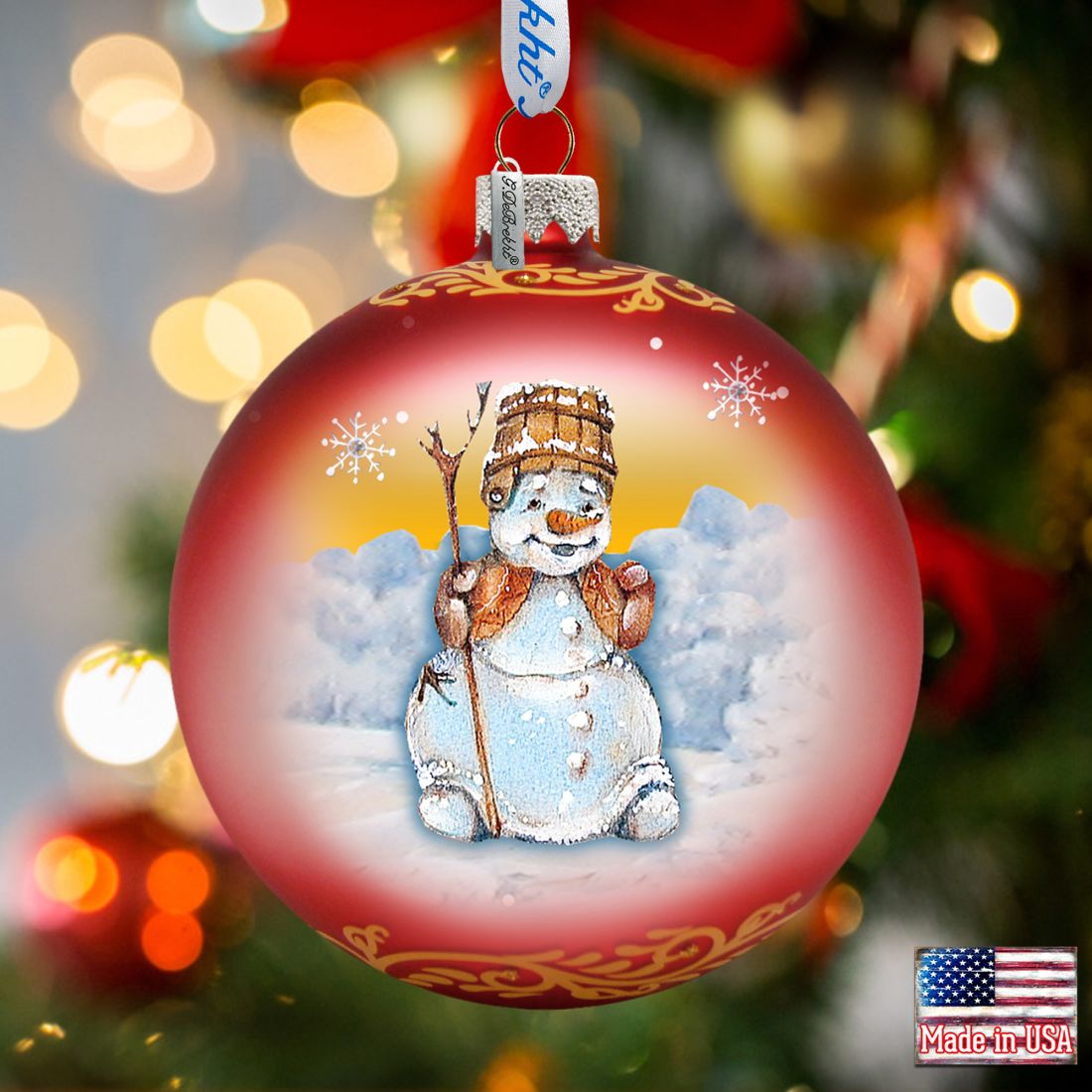 Happy Snowman Ball Glass Ornament by G. DeBrekht - Christmas Santa Snowman Decor - 73332