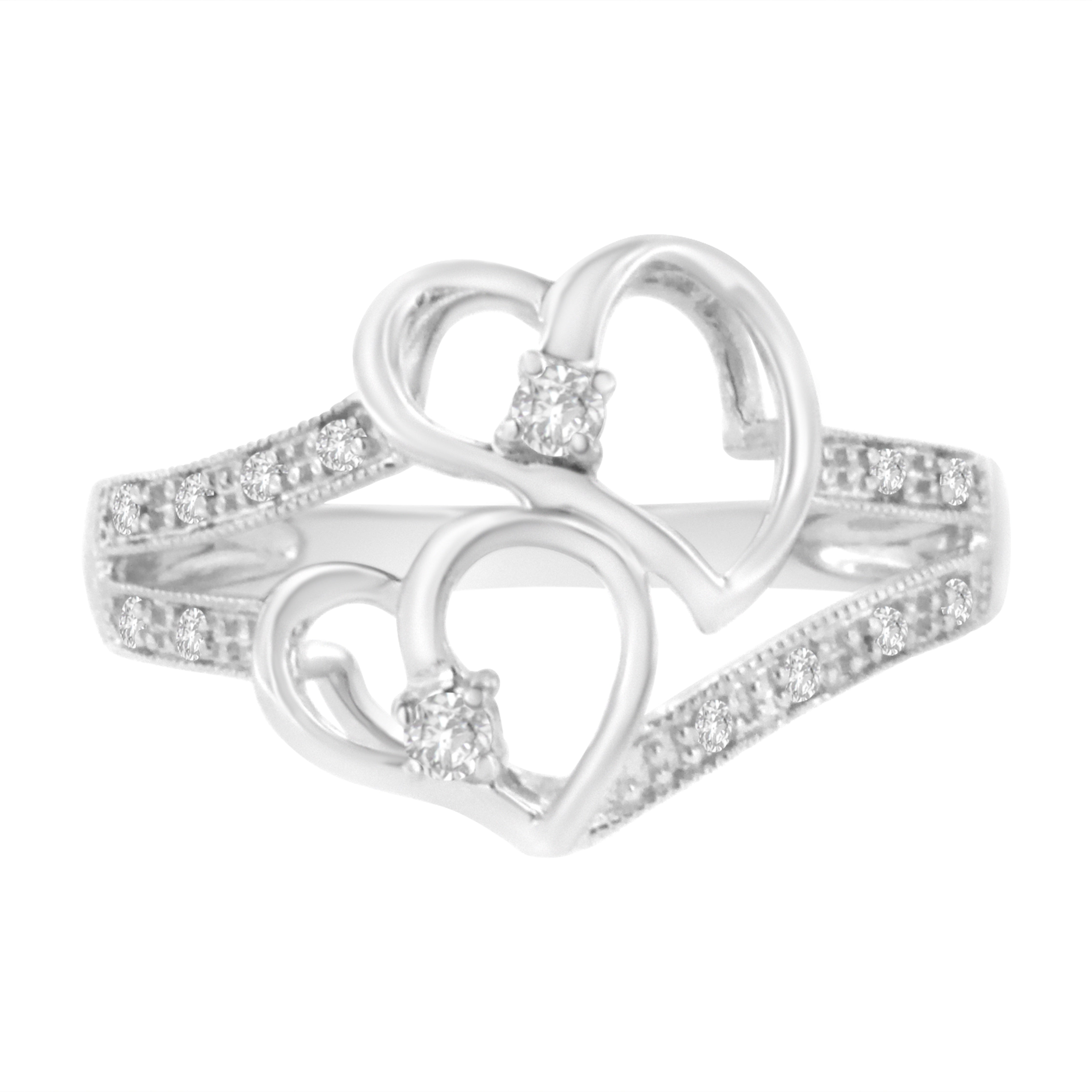 14Kt White Gold 1/10 Cttw Diamond Twin Heart Ring - Size 6.5