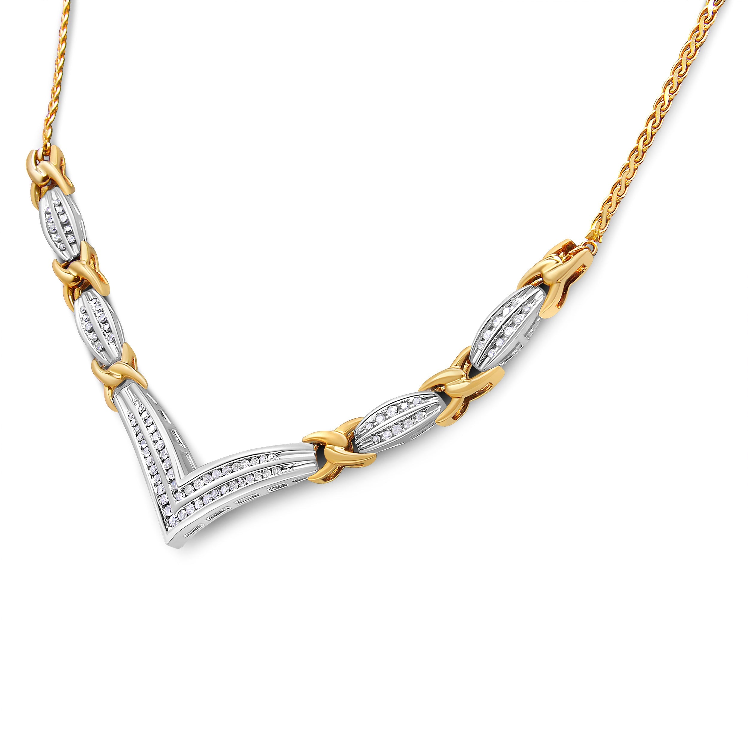 10K Yellow And White Gold 1.0 Cttw Round And Princess Cut Diamond "V" Shape Statement Necklace (I-J Color, I1-I2 Clarity)