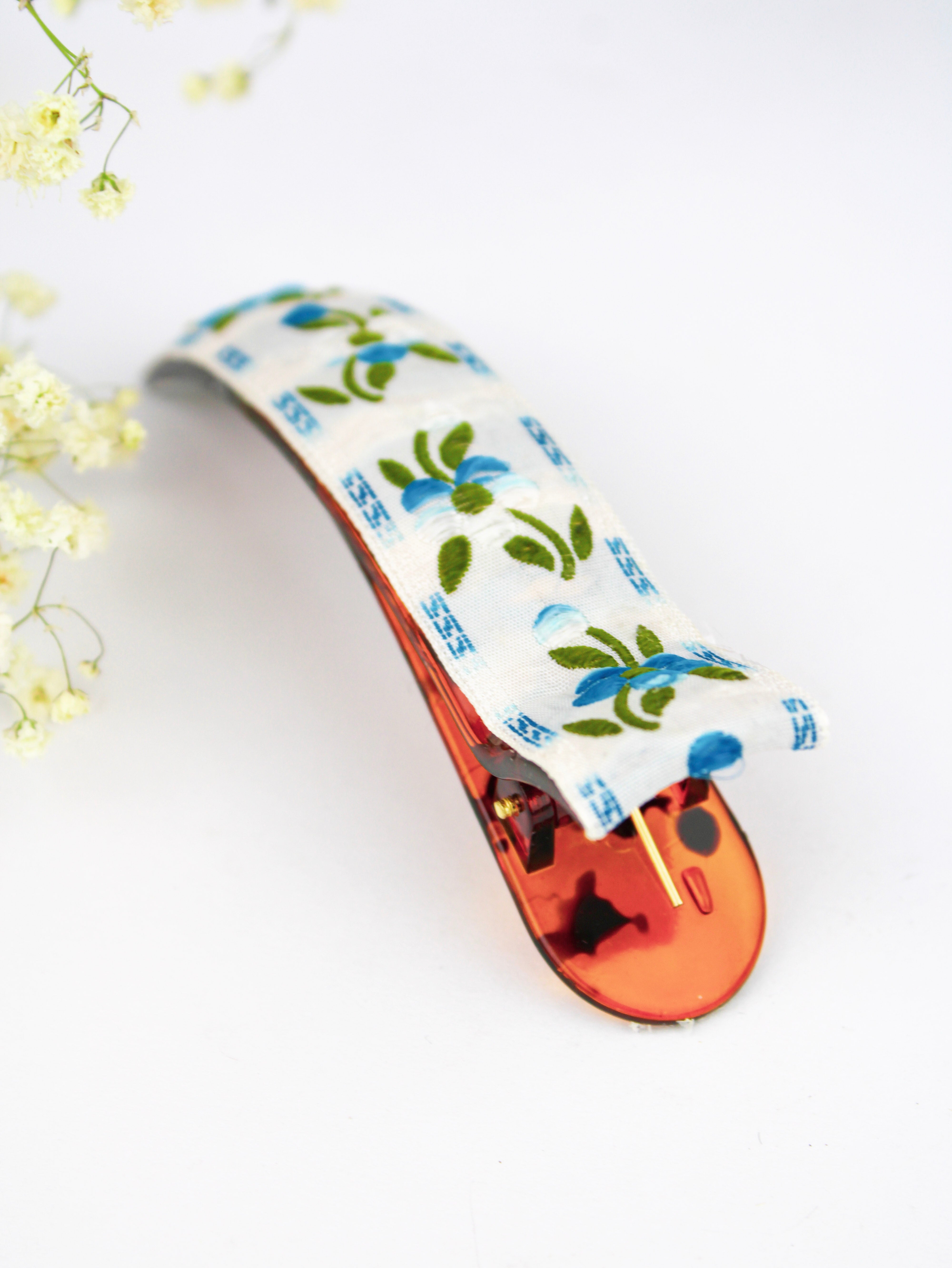 Blue Clematis Floral Ribbon Hair Clip