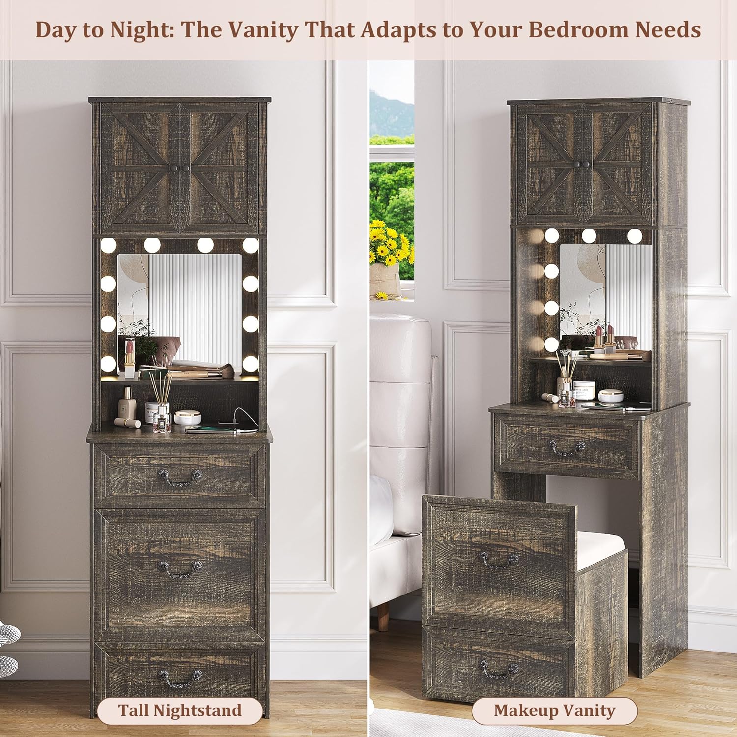 Vanity Desk with Mirror and Lights, Compact Makeup Table w/Storage Drawers & Shelves, Farmhouse Vanity Table with Hidden Chair for Bedroom, Gift for Girls Lady, Rustic Brown