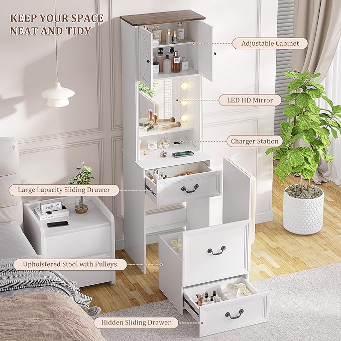 Compact Vanity with Hidden Chair | Mini Dorm Organizers and Storage Dressing Table Desk Gift for Girls Lady with 2 Large Drawers Shelves Mirror Lights for Small Bedroom (White)