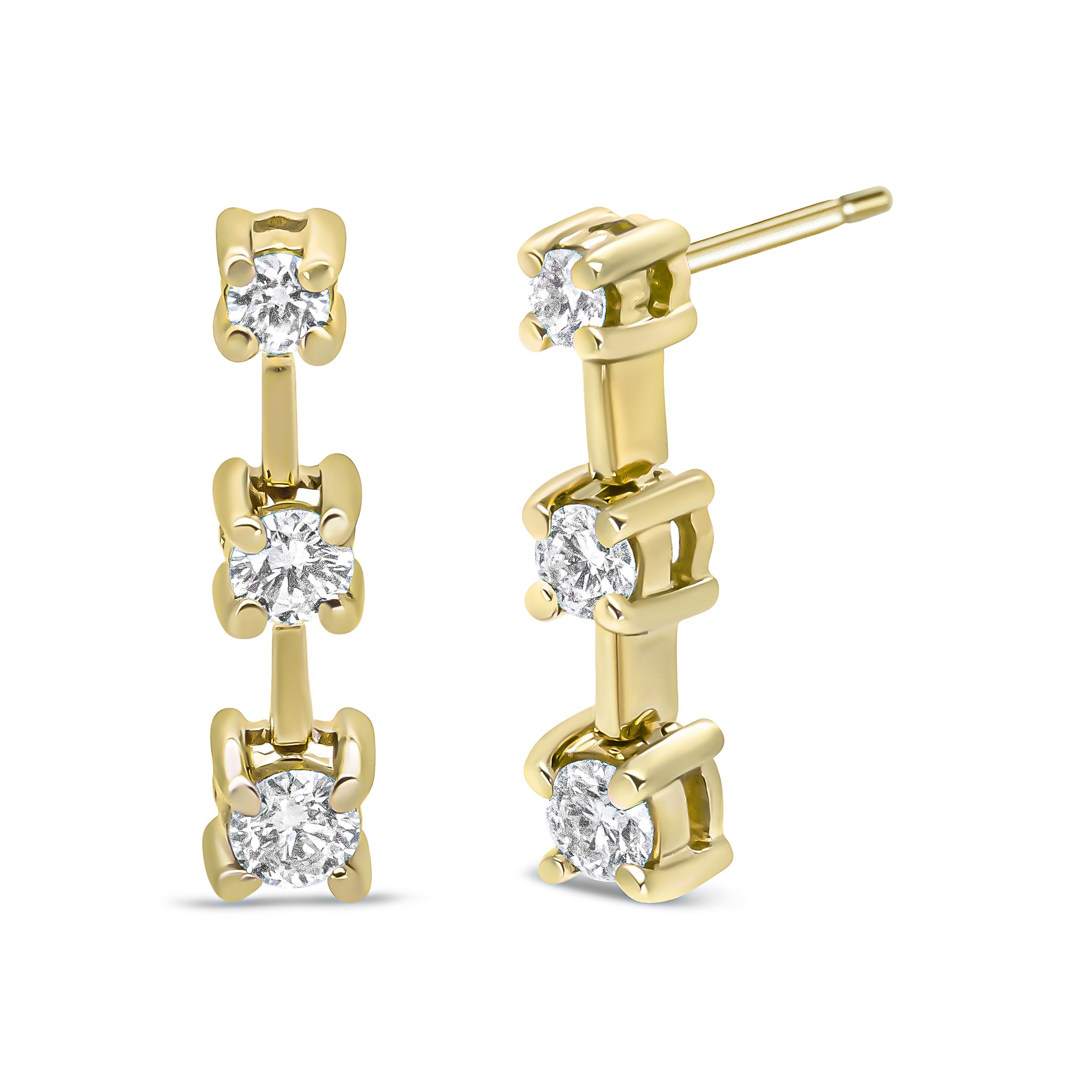 14K Yellow Gold 1/2 Cttw Round Diamond 3 Stone Graduated Linear Drop Past, Present And Future Stud Earrings (J-K Color, Si1-Si2 Clarity)
