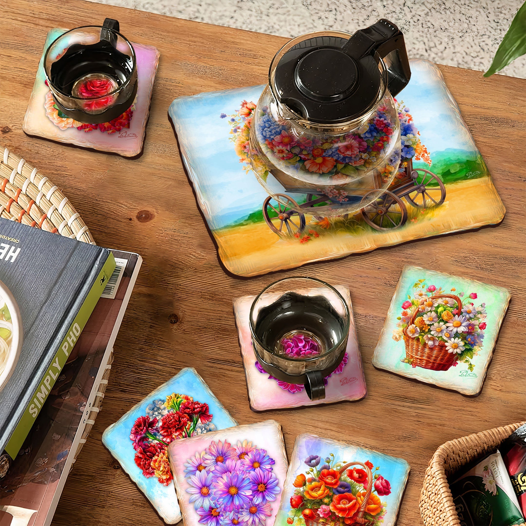 Bouquet of Flowers Wooden Cork Placemat and Coasters Gift Set of 7 by Nature Wonders - Nature Wildlife Decor  - 85444C-S7