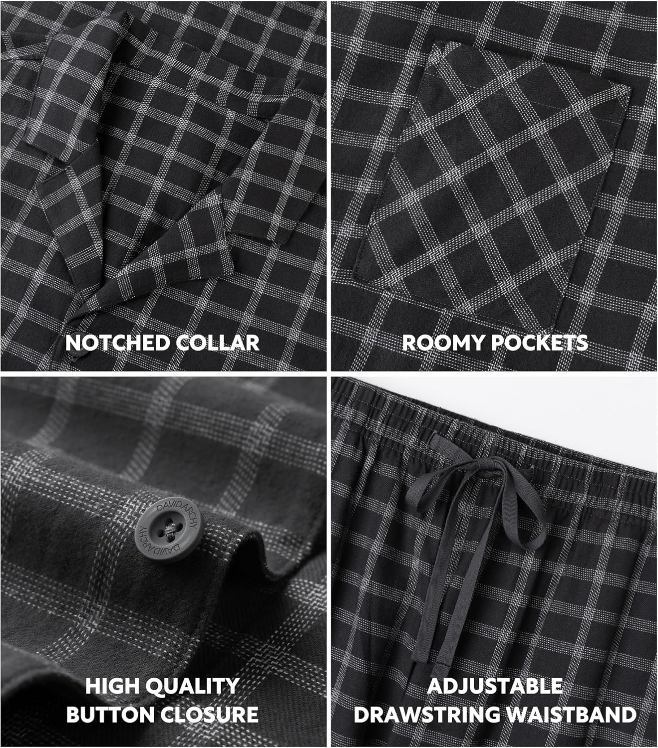 DAVID ARCHY Men's Pajamas Set Flannel Pjs Sets Ultra-Soft Cotton Pajamas for Men Classic Plaid Lounge Set with Roomy Pockets