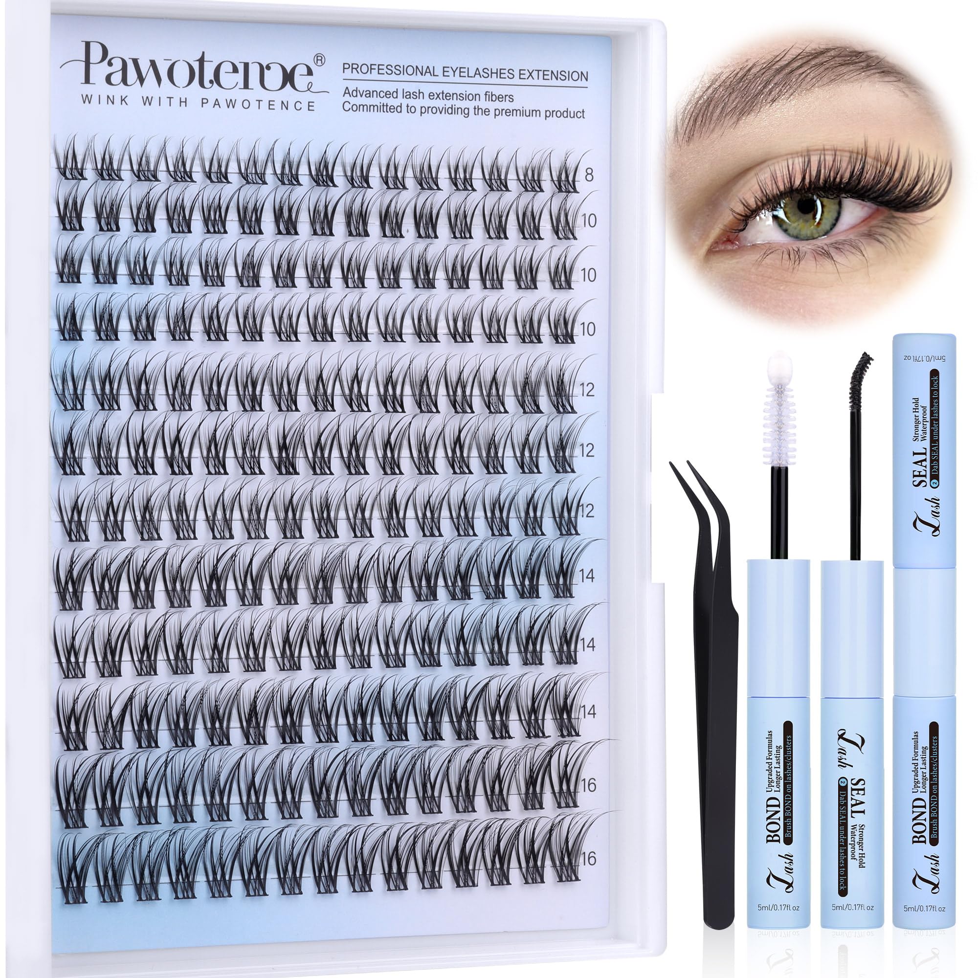 Pawotence Lash Extension Kit DIY 280pcs Lash Clusters Eyelash Extension Kit, 9-16mm 30D 40D Individual Lashes Kit with Lash Bond and Seal, Lash Tweezers for Self Use (30D&40D, 0.07D, 9-16mm, Kit)