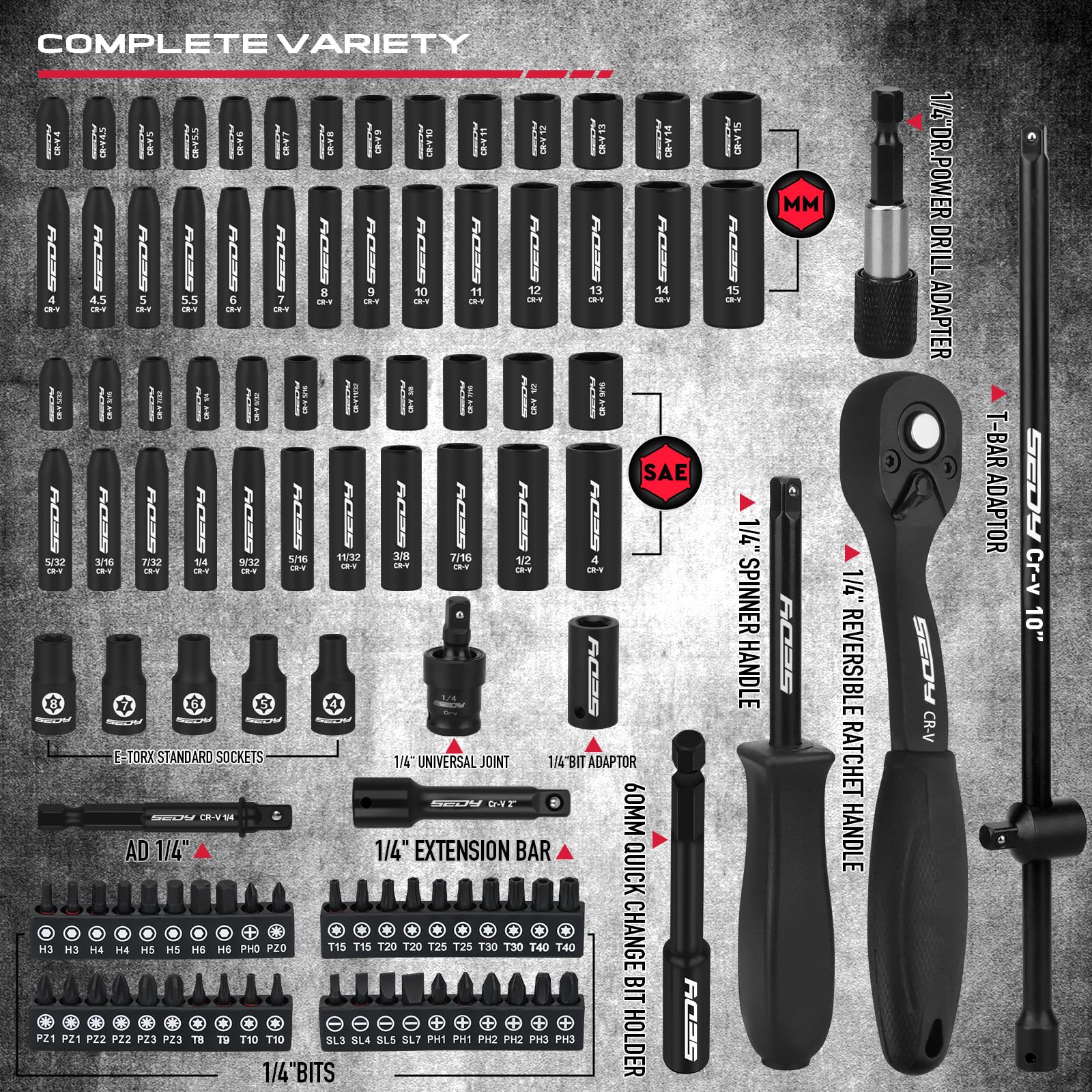 29-Piece 1/2" Drive Impact Socket Set, SAE (3/8 to 1 inch) and Metric (10-24mm) Sizes with Extension Bars Standard Deep Socket Set CR-V Material High Durability Impact Wrench