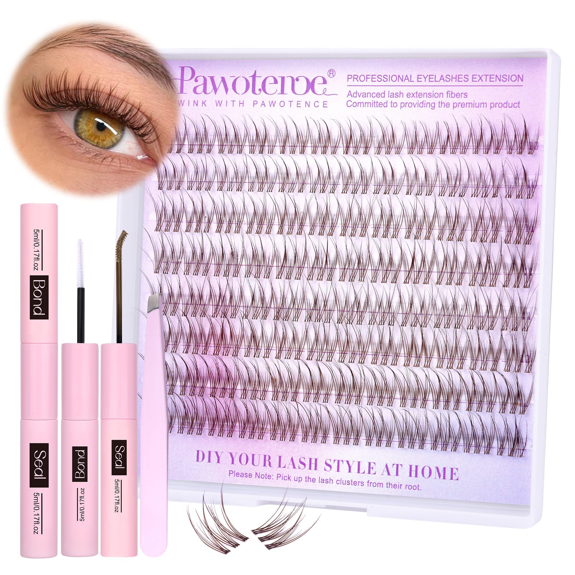 Pawotence Lash Extension Kit DIY 280pcs Lash Clusters Eyelash Extension Kit, 9-16mm 30D 40D Individual Lashes Kit with Lash Bond and Seal, Lash Tweezers for Self Use (30D&40D, 0.07D, 9-16mm, Kit)
