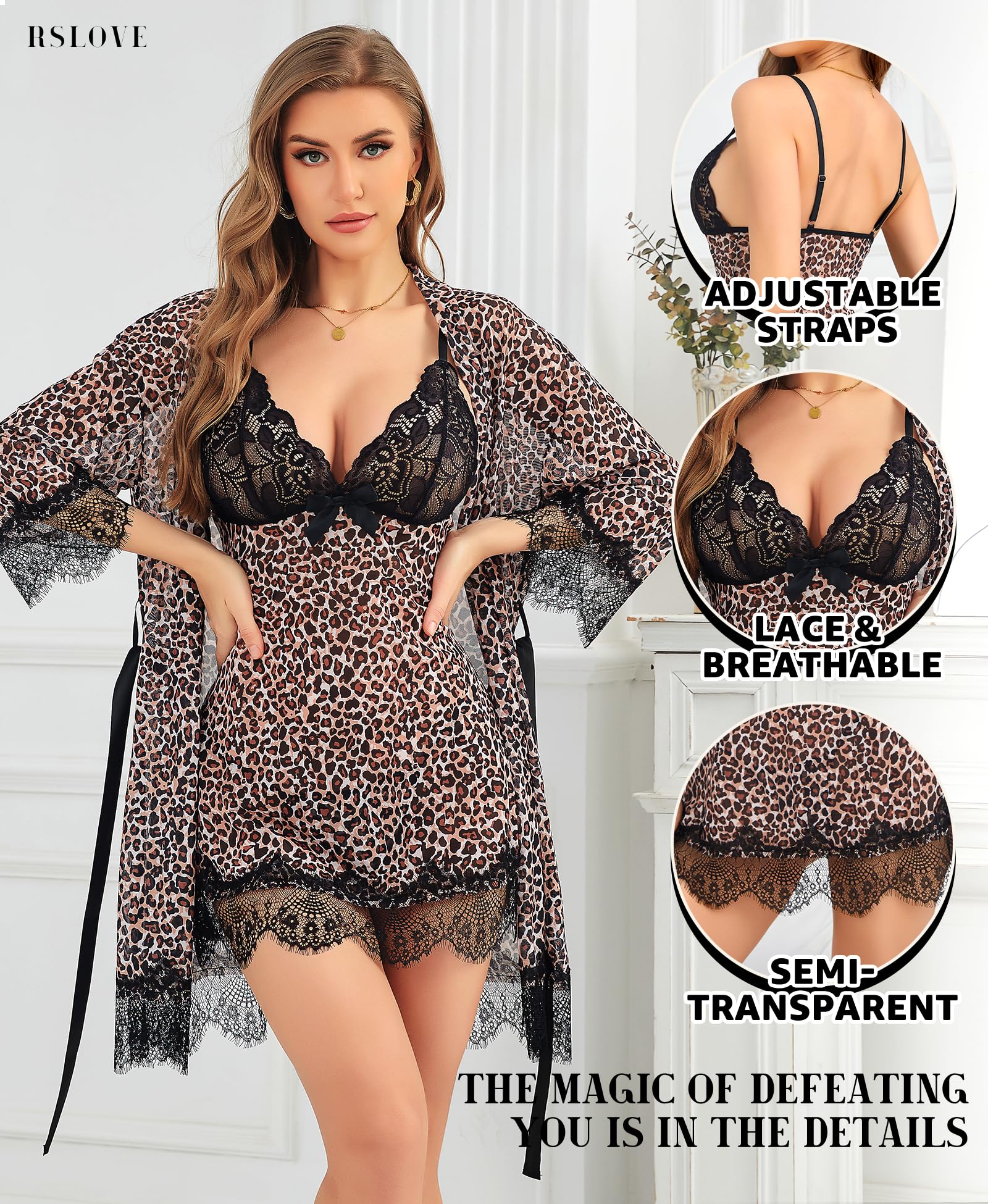 RSLOVE Women Sexy Lingerie Set 3 Piece Babydoll & Lace Kimono Robe Strap Chemise Mesh Nightgown Wine Red M