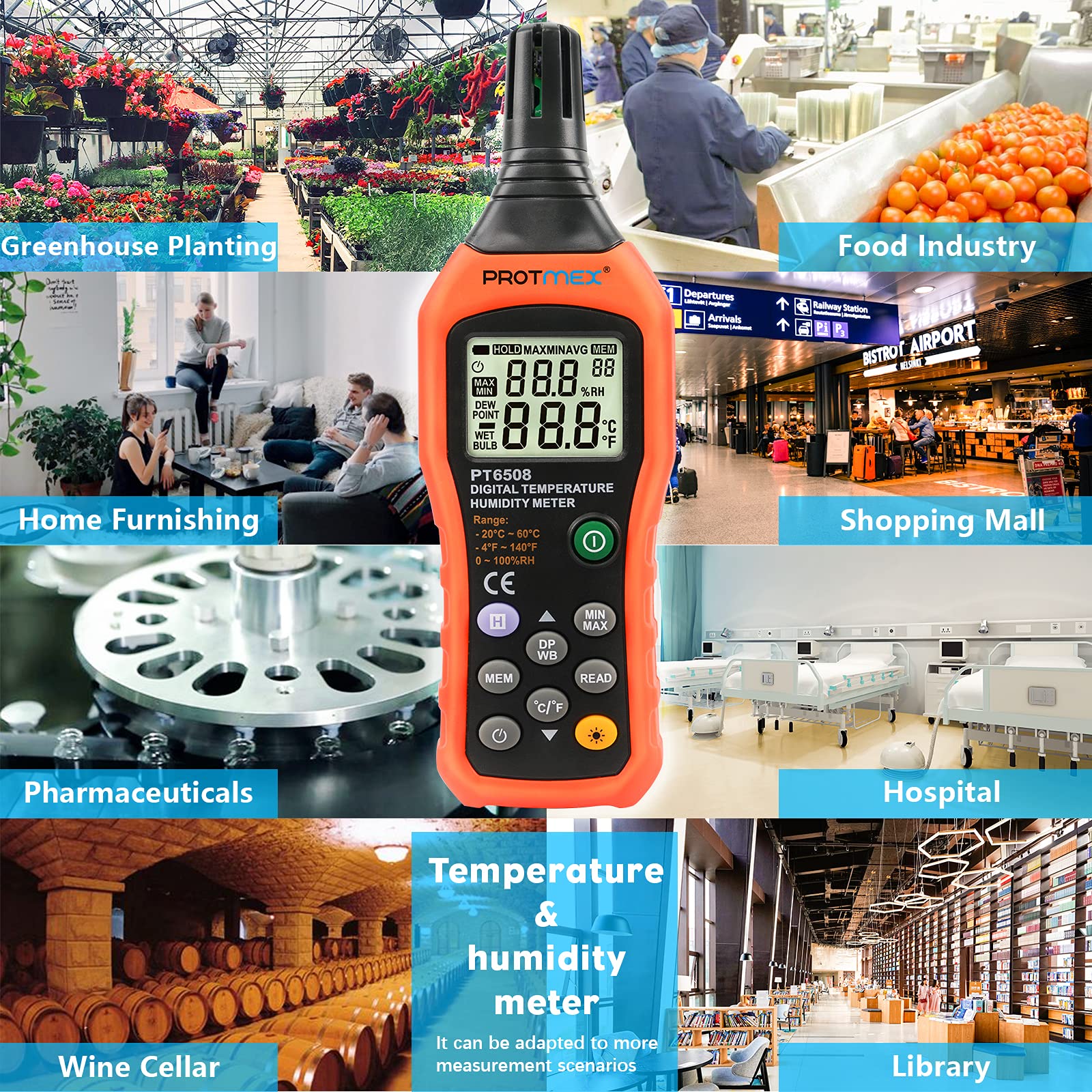 PT6508 Temperature Humidity Meter, Digital Thermometer Hygrometer Monitor with Ambient, Dew Point, Wet Bulb for Indoor/Outdoor MIN, MAX, Data Hold, LCD Backlight