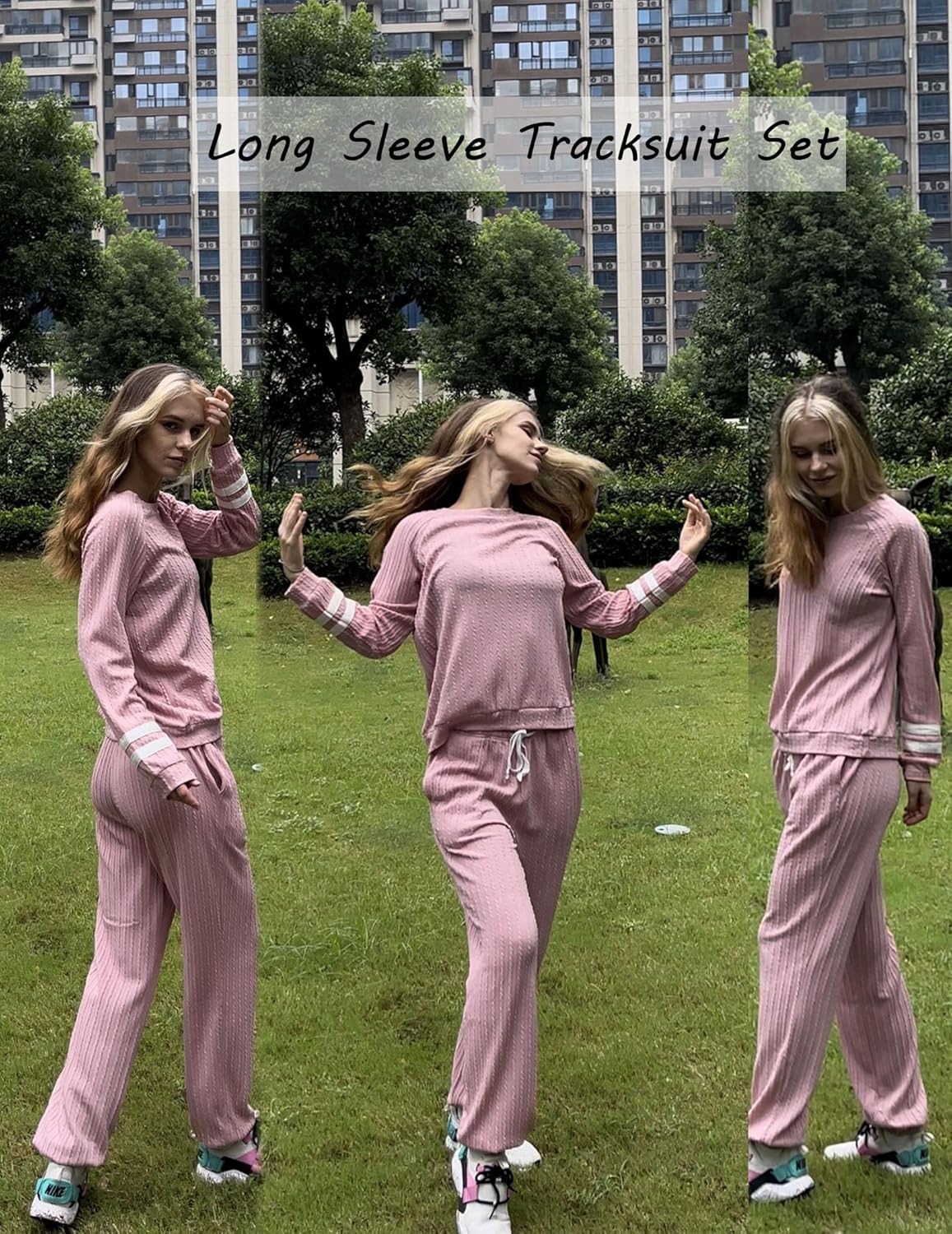 Ekouaer Lounge Sets for Women Ribbed Knit Outfits Pajamas Sets 2 Piece Long Sleeve Sweatsuits with Pockets