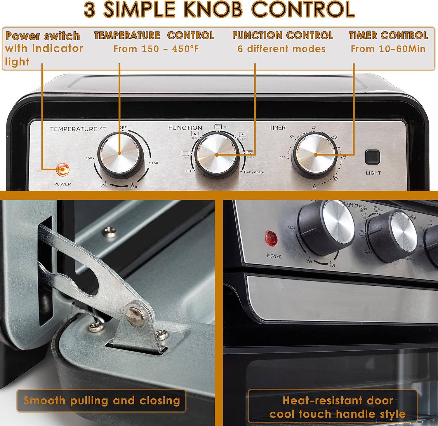 Moss & Stone Air Fryer Oven, 6-in-1 Toaster Oven 23 Quart, Airfryer Toaster Oven For Roast, Bake, Broil, Stainless Steel Accessories Included, Black Convection Oven Countertop.