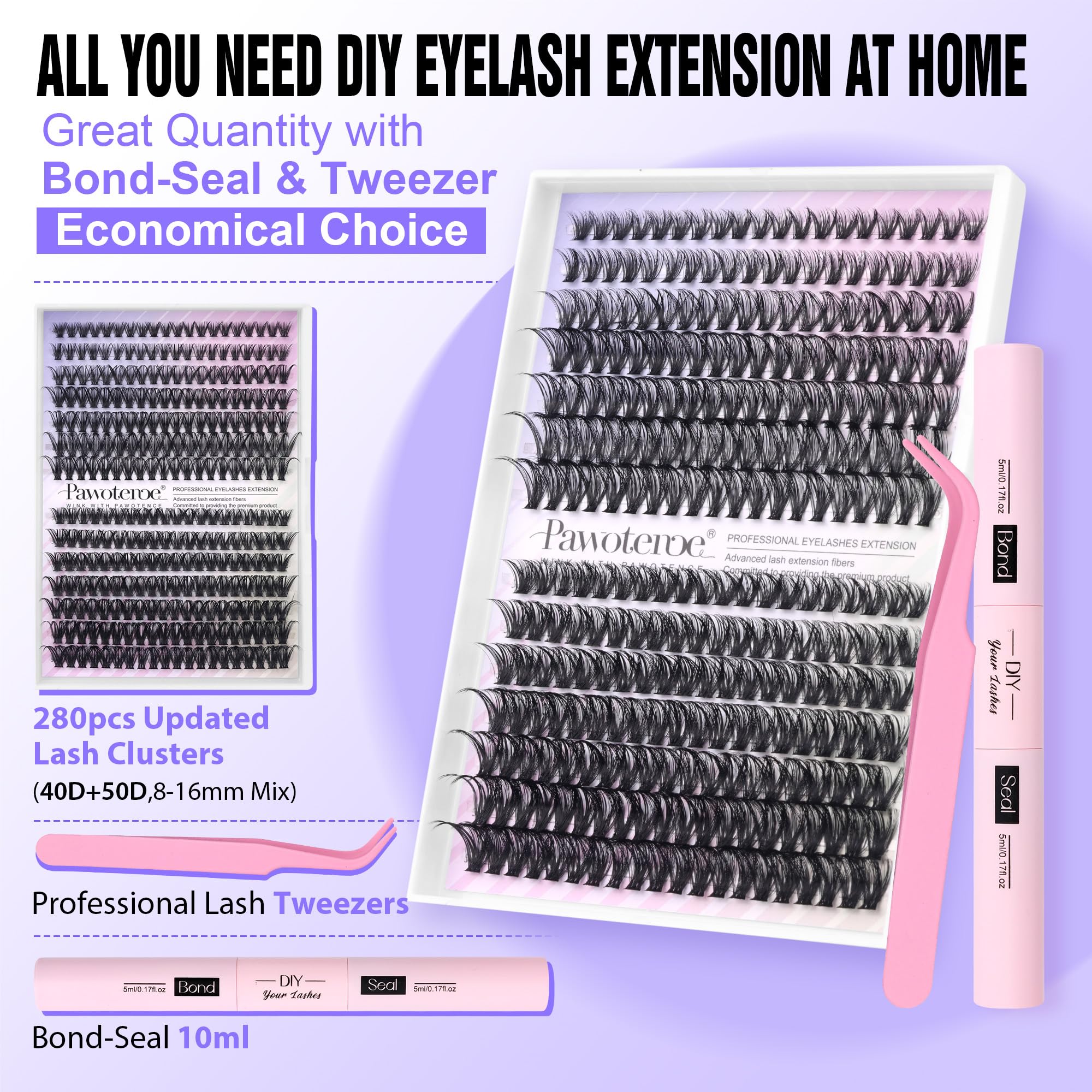 Pawotence Lash Extension Kit DIY 280pcs Lash Clusters Eyelash Extension Kit, 9-16mm 30D 40D Individual Lashes Kit with Lash Bond and Seal, Lash Tweezers for Self Use (30D&40D, 0.07D, 9-16mm, Kit)