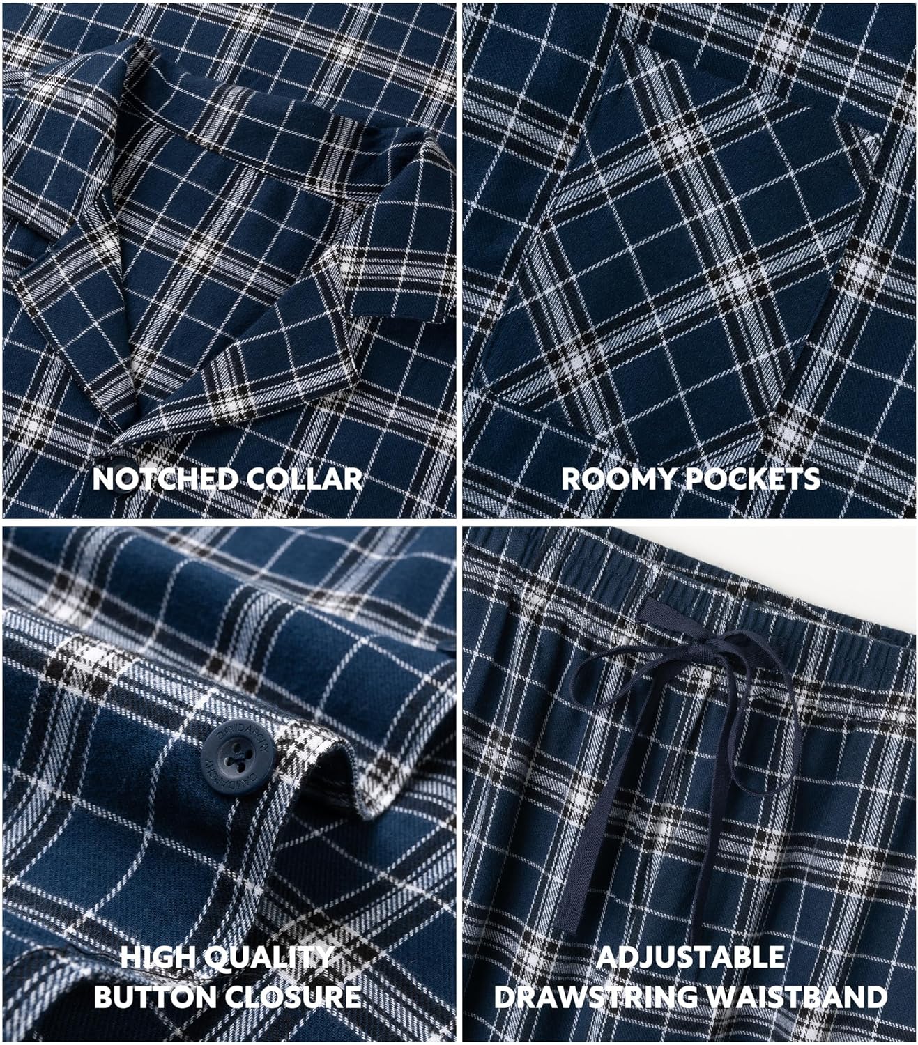 DAVID ARCHY Men's Pajamas Set Flannel Pjs Sets Ultra-Soft Cotton Pajamas for Men Classic Plaid Lounge Set with Roomy Pockets