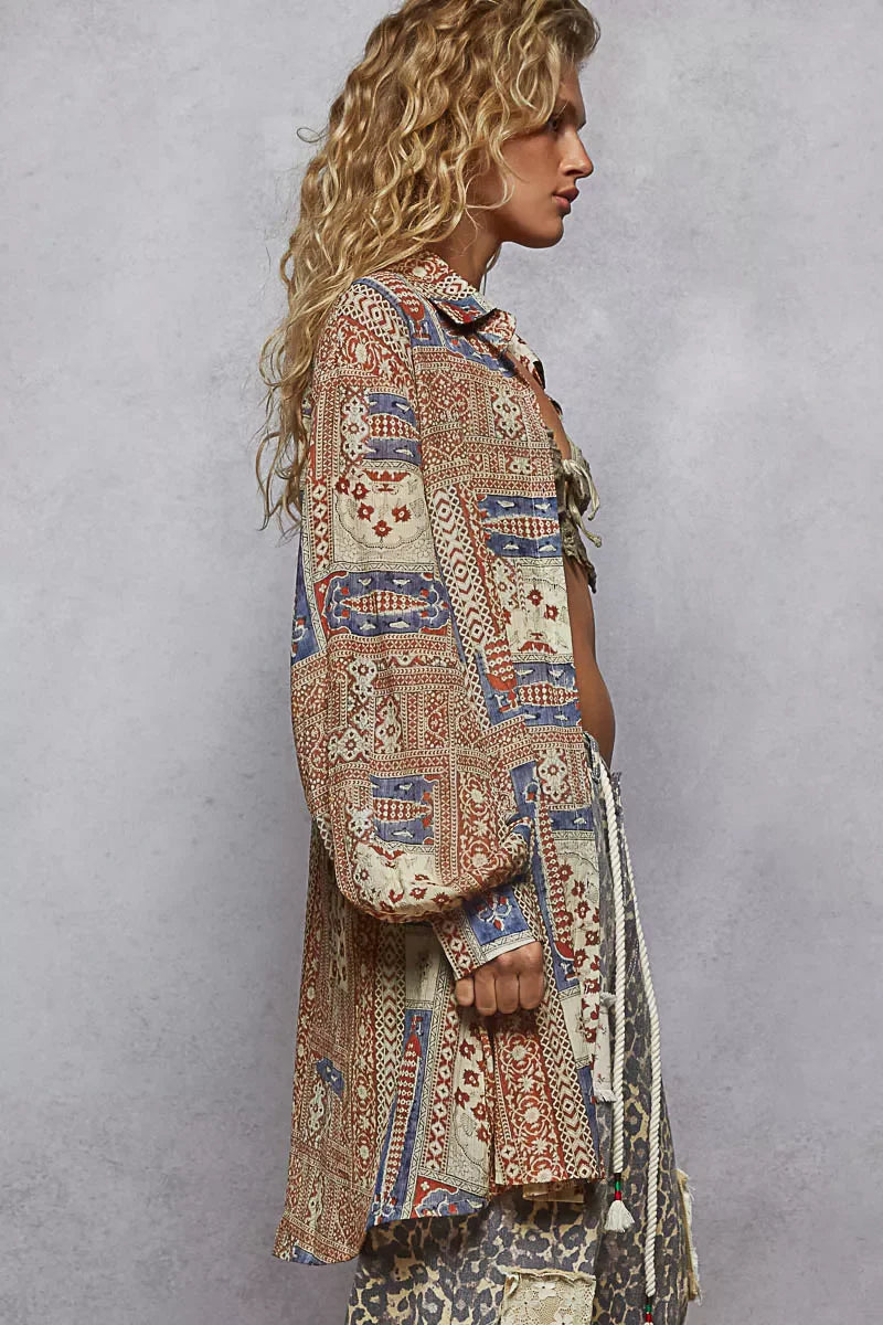 POL Printed Button Down Balloon Sleeve Shirt