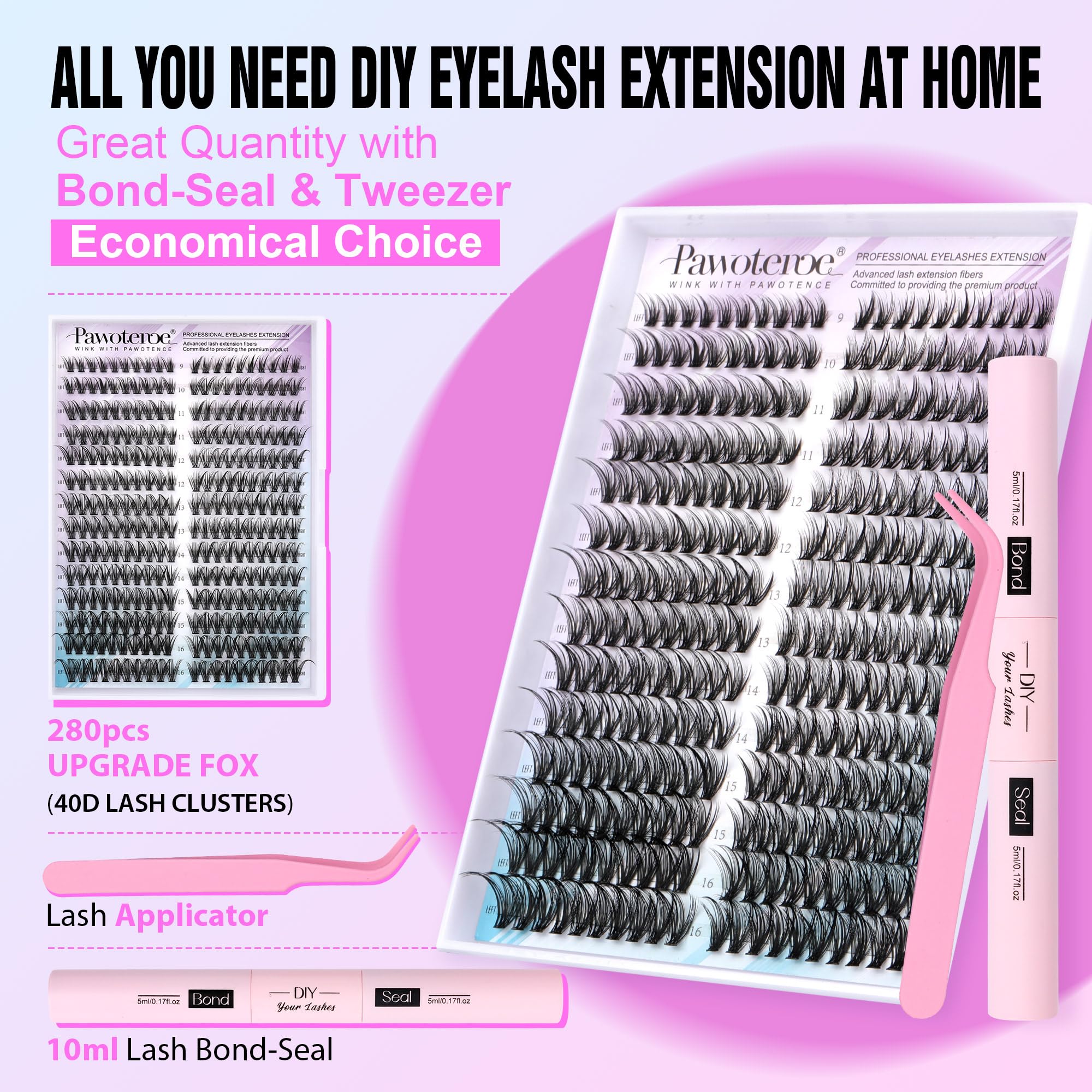 Pawotence Lash Extension Kit DIY 280pcs Lash Clusters Eyelash Extension Kit, 9-16mm 30D 40D Individual Lashes Kit with Lash Bond and Seal, Lash Tweezers for Self Use (30D&40D, 0.07D, 9-16mm, Kit)