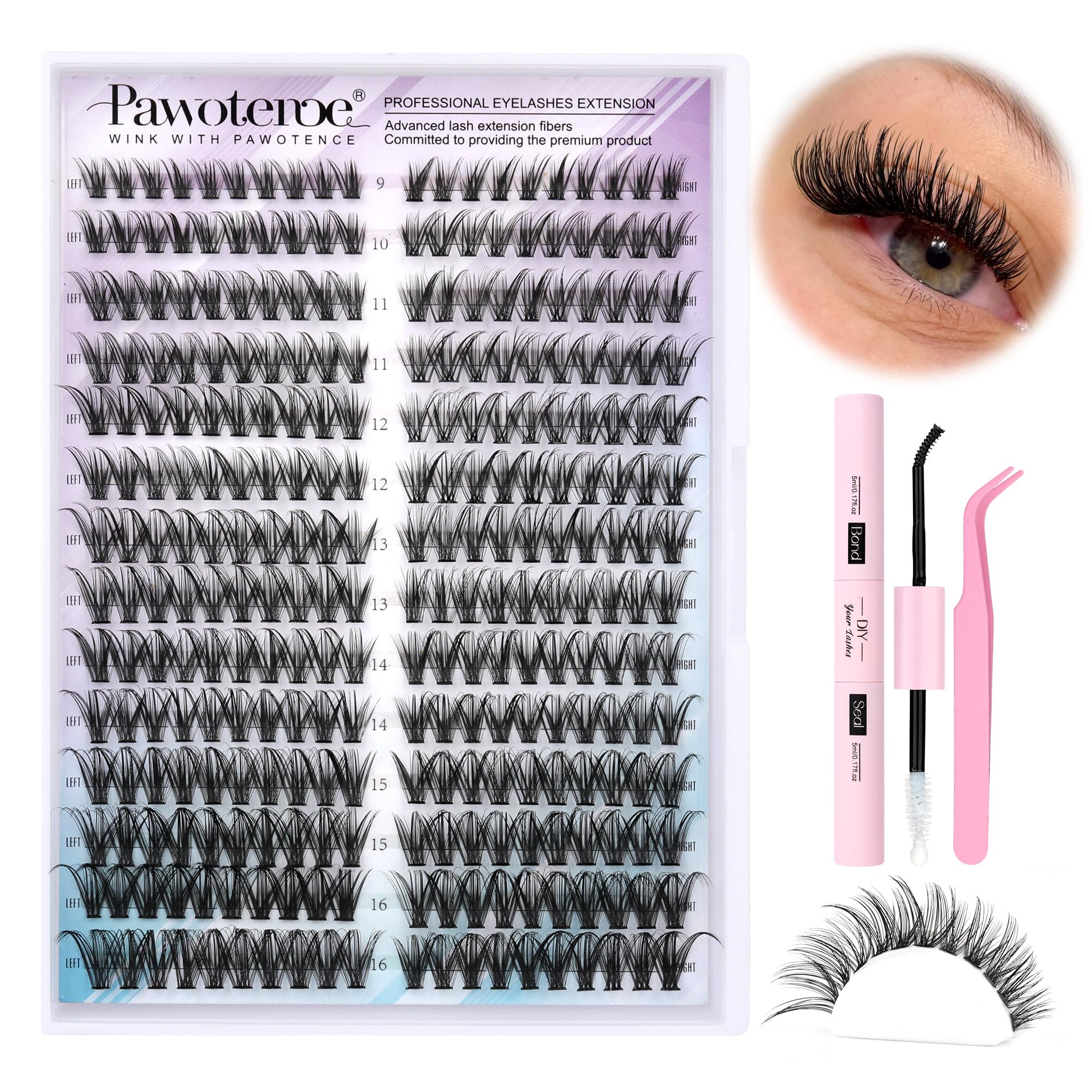 Pawotence Lash Extension Kit DIY 280pcs Lash Clusters Eyelash Extension Kit, 9-16mm 30D 40D Individual Lashes Kit with Lash Bond and Seal, Lash Tweezers for Self Use (30D&40D, 0.07D, 9-16mm, Kit)