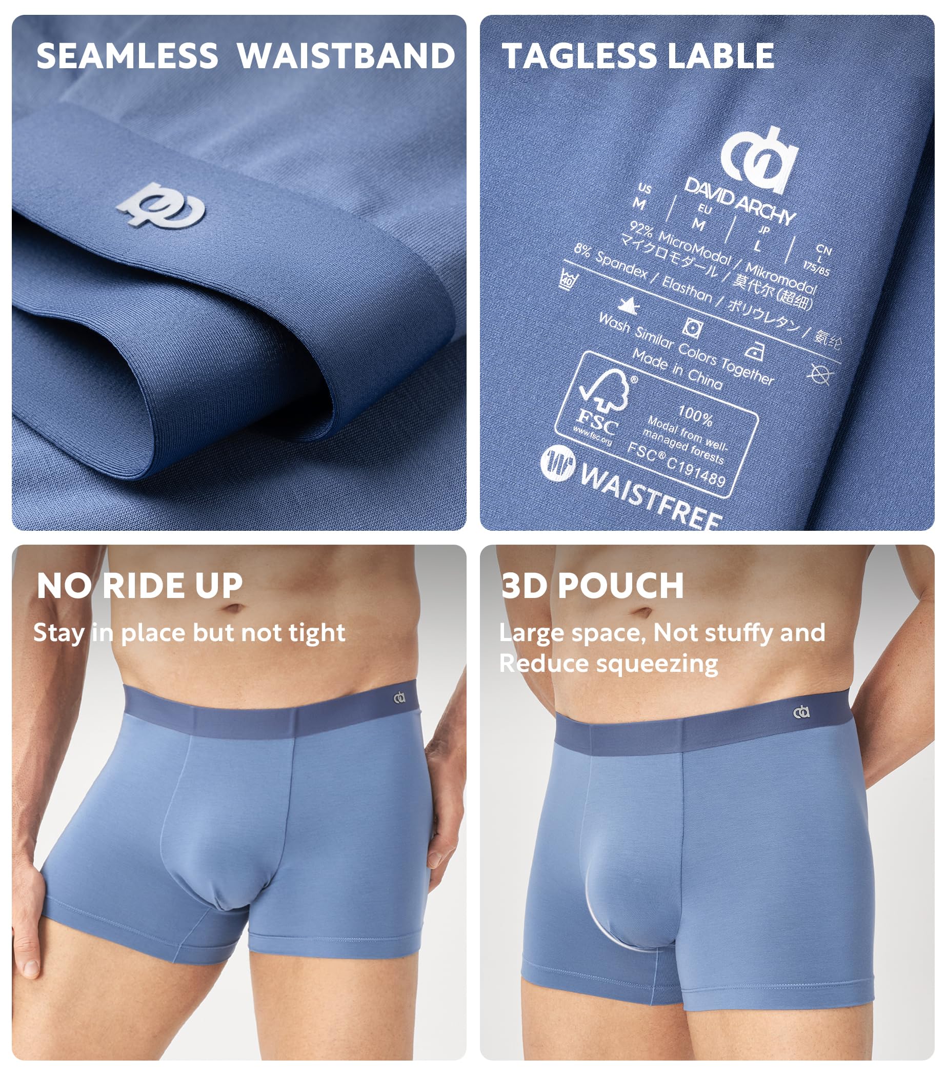 DAVID ARCHY Men's Underwear Trunks Modal Support Pouch Ultra Soft Breathable Seamless Underwear for Men 4 Pack