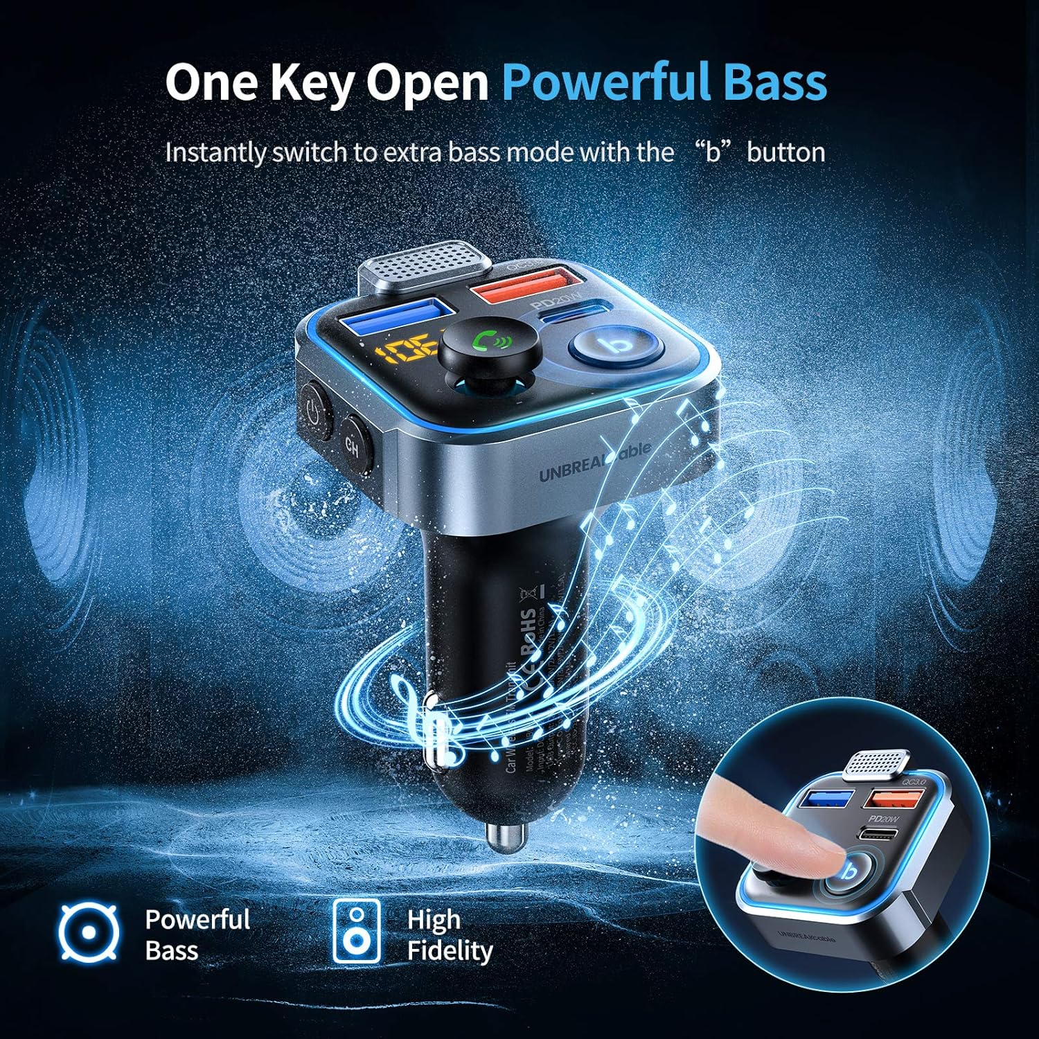 UNBREAKcable Bluetooth 5.3 FM Transmitter for Car, [PD 20W + QC 3.0] [Stronger Microphone & HiFi Bass Sound] Cigarette Lighter Radio Music Adapter Charger, Supports Hands-Free Siri Google Assistant