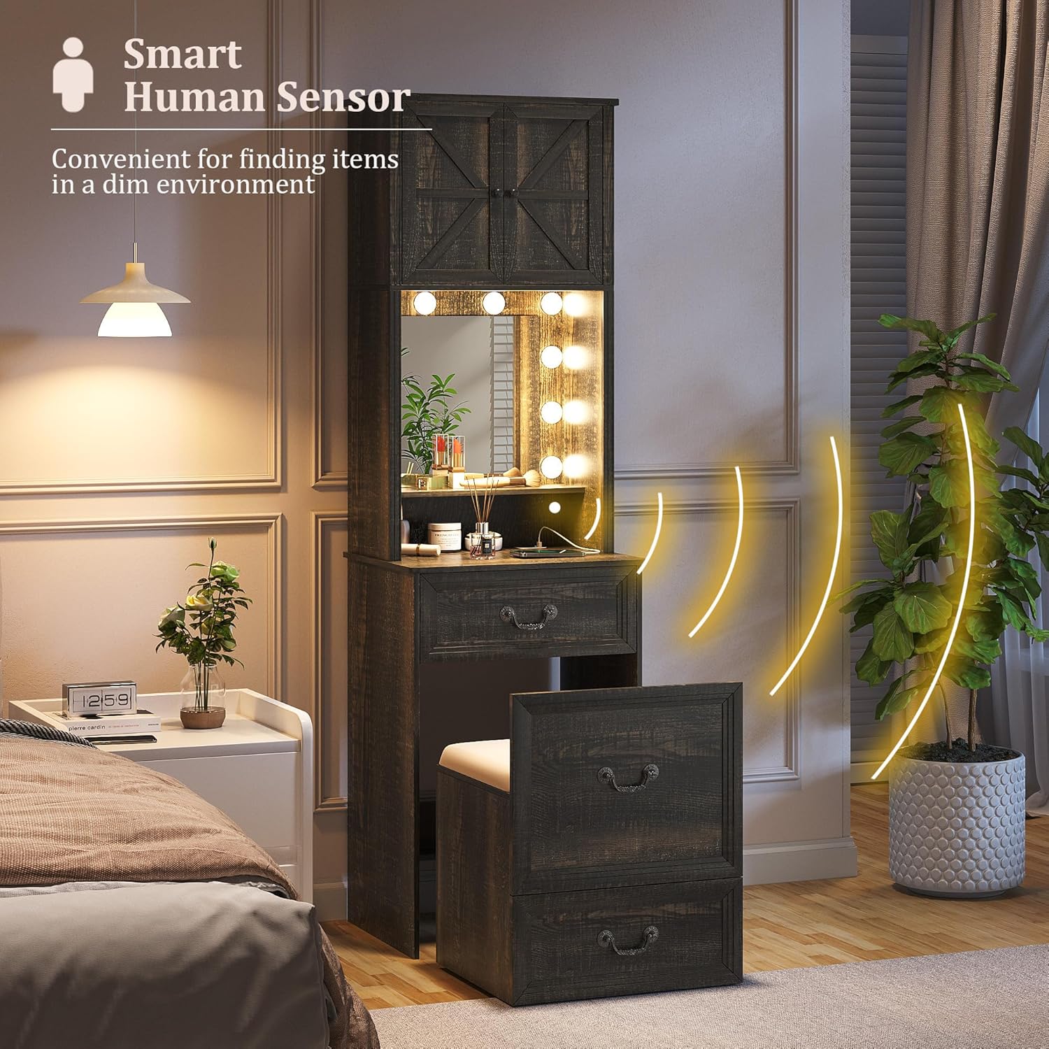 Vanity Desk with Mirror and Lights, Compact Makeup Table w/Storage Drawers & Shelves, Farmhouse Vanity Table with Hidden Chair for Bedroom, Gift for Girls Lady, Rustic Brown