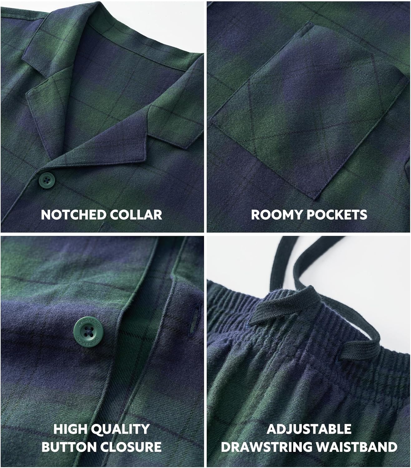 DAVID ARCHY Men's Pajamas Set Flannel Pjs Sets Ultra-Soft Cotton Pajamas for Men Classic Plaid Lounge Set with Roomy Pockets