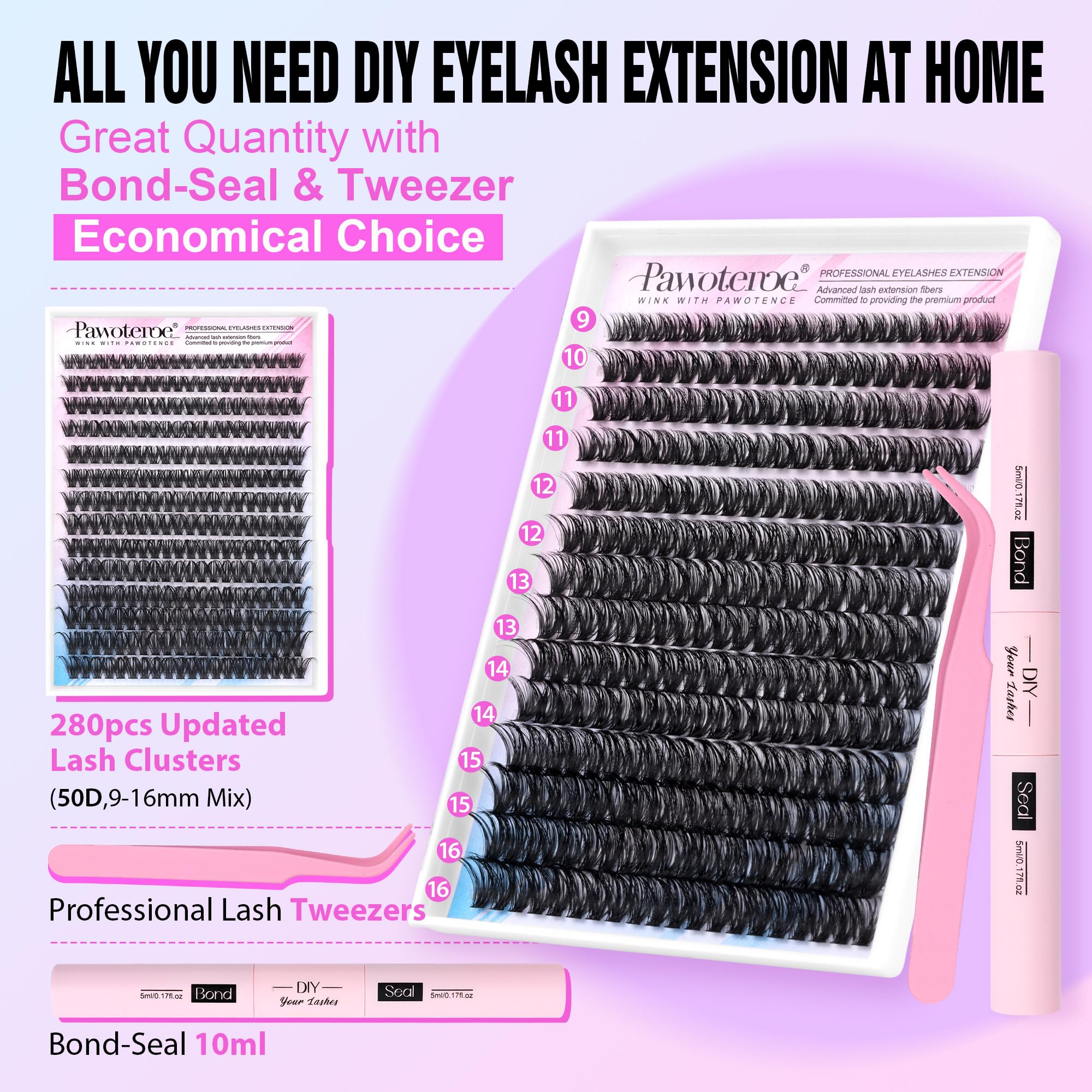 Pawotence Lash Extension Kit DIY 280pcs Lash Clusters Eyelash Extension Kit, 9-16mm 30D 40D Individual Lashes Kit with Lash Bond and Seal, Lash Tweezers for Self Use (30D&40D, 0.07D, 9-16mm, Kit)