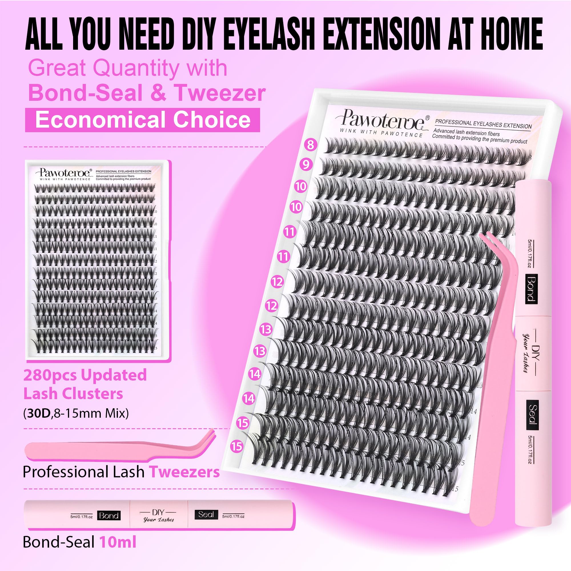 Pawotence Lash Extension Kit DIY 280pcs Lash Clusters Eyelash Extension Kit, 9-16mm 30D 40D Individual Lashes Kit with Lash Bond and Seal, Lash Tweezers for Self Use (30D&40D, 0.07D, 9-16mm, Kit)