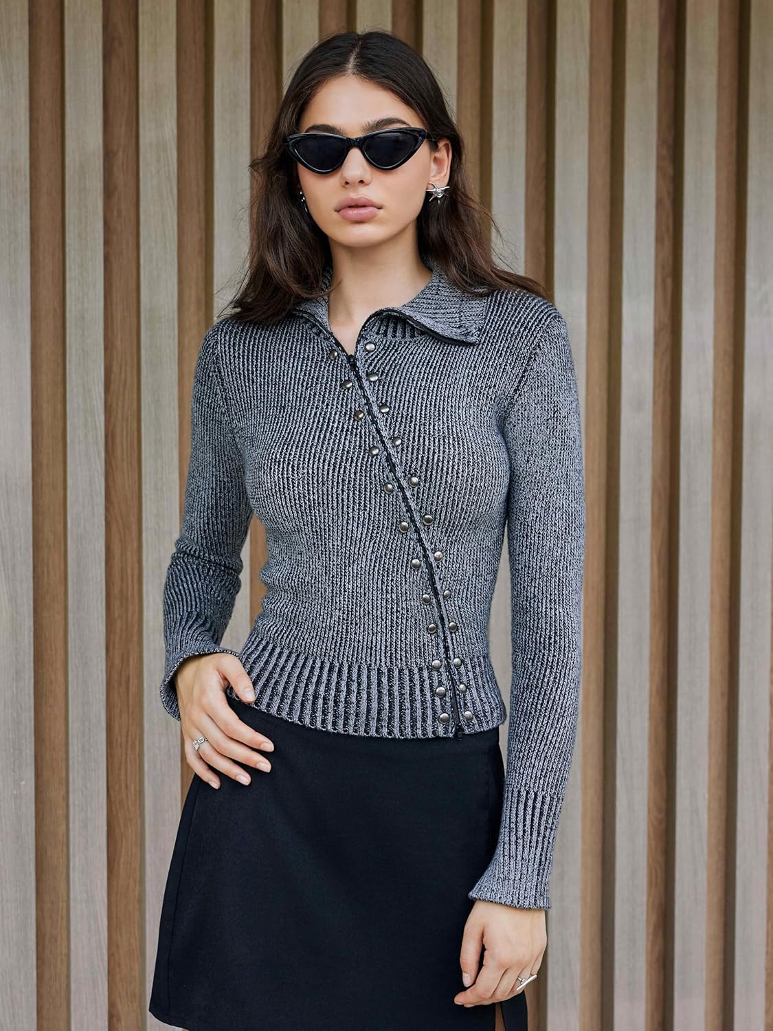 CIDER Zipper Cardigan Sweaters for Women Trendy Stand Collar Rivet Cardigans Split Long Sleeve Fall Winter