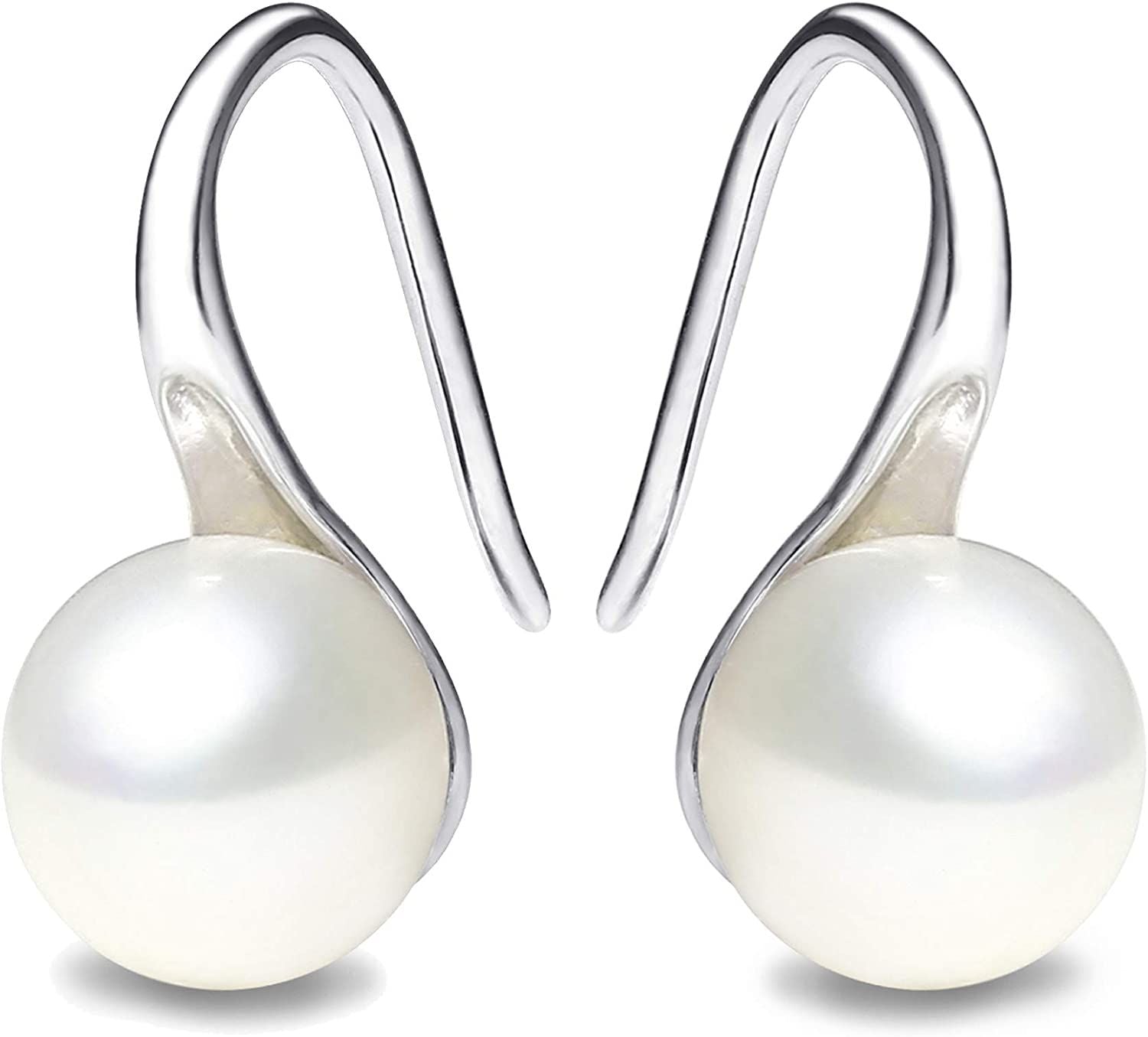 925 Sterling Silver Hoop Handpicked AAA+ Quality 7.5-8mm White Freshwater Cultured Pearl Dangle Drop Earrings Jewelry for Women Girls