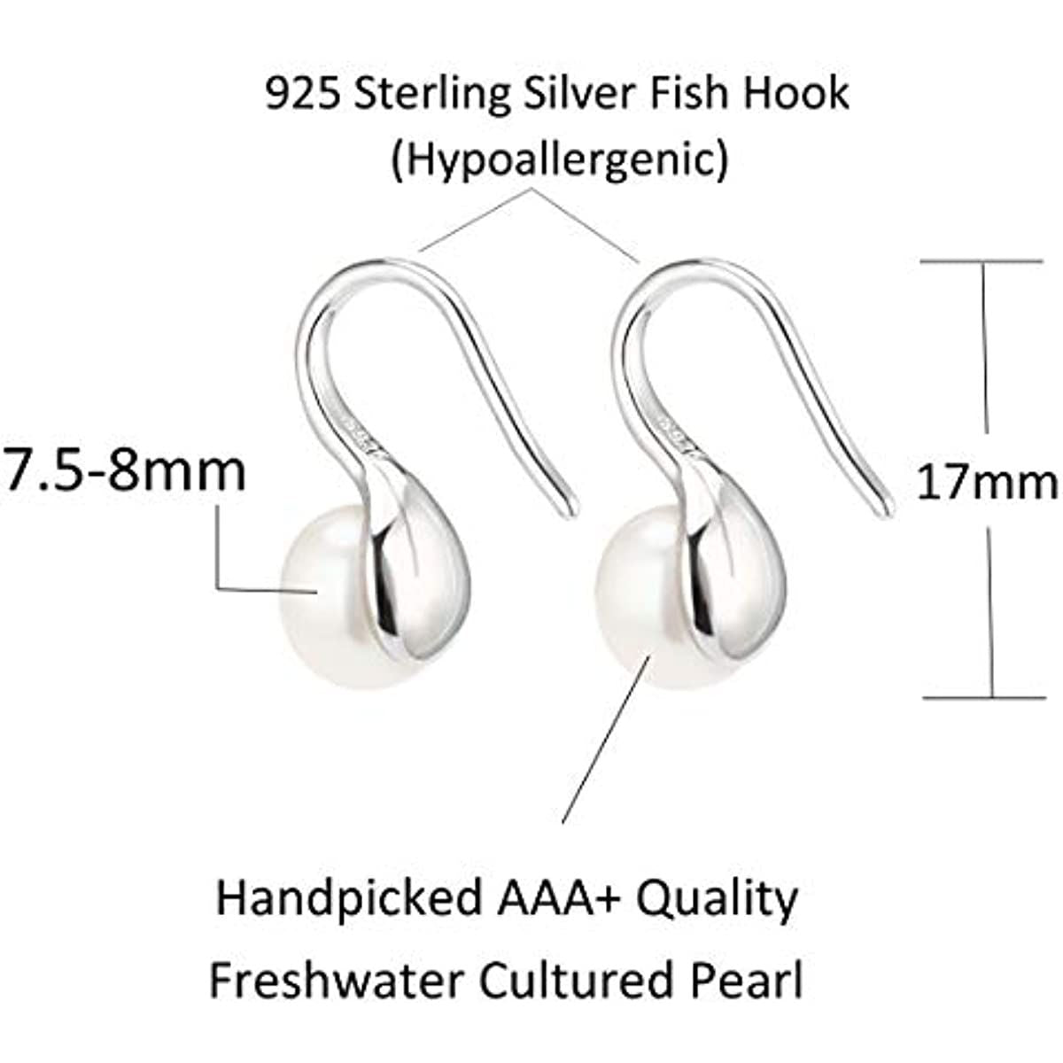 925 Sterling Silver Hoop Handpicked AAA+ Quality 7.5-8mm White Freshwater Cultured Pearl Dangle Drop Earrings Jewelry for Women Girls