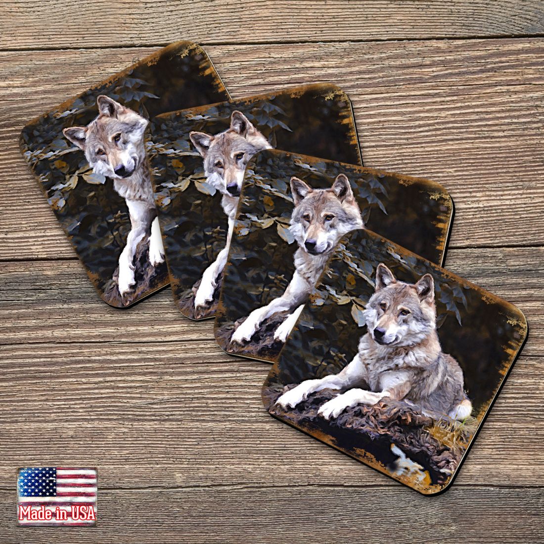 Wolf Wooden Cork Coasters Gift Set of 4 by Nature Wonders - Nature Wildlife Decor  - 95287C-S4