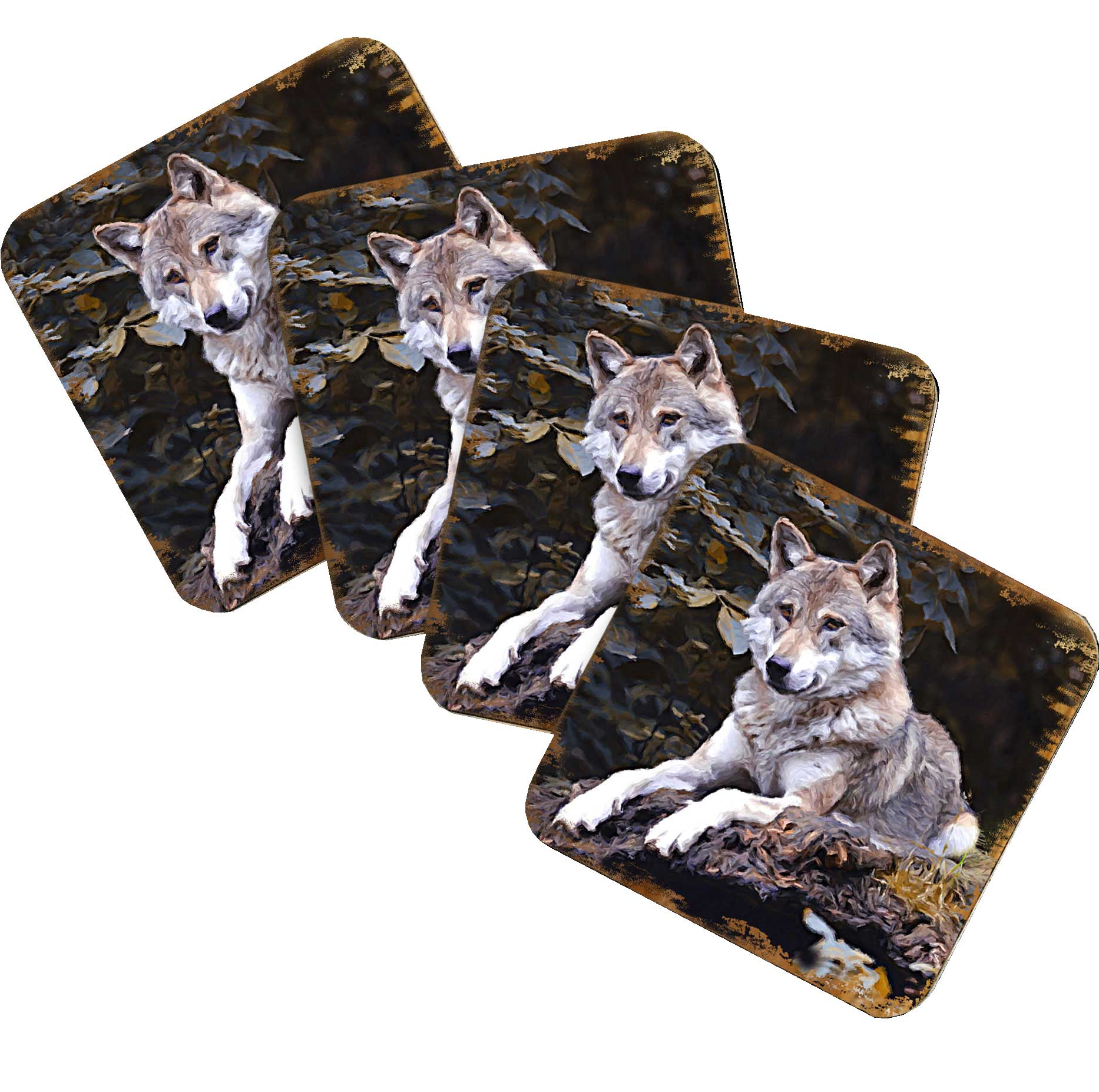 Wolf Wooden Cork Coasters Gift Set of 4 by Nature Wonders - Nature Wildlife Decor  - 95287C-S4
